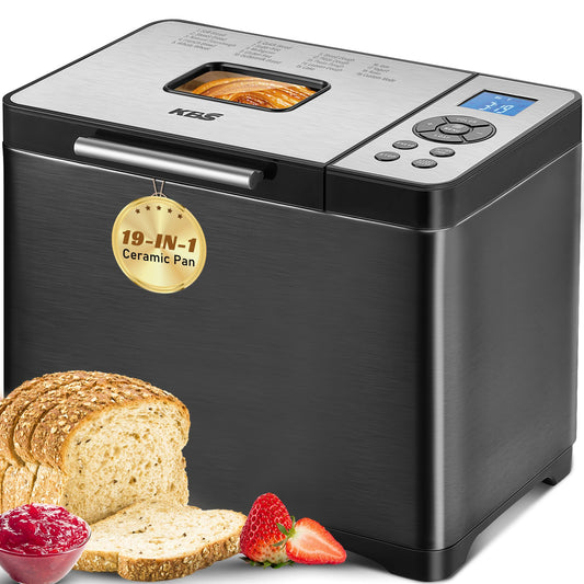 KBS Máquina de pan de 2 libras, máquina de pan automática 19 en 1 de acero inoxidable con sartén de cerámica, temporizador de 15 horas y 1 hora para mantener caliente, masa madre, sin gluten, máquina
