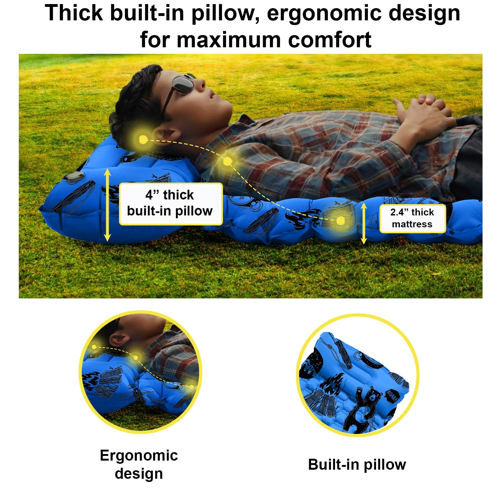Almohadilla de dormir inflable para niños, niños pequeños y jóvenes, colchón de aire con bomba integrada, tapete de dormir ultraligero de 5 pies 5 pulgadas con almohada para camping, fiestas de