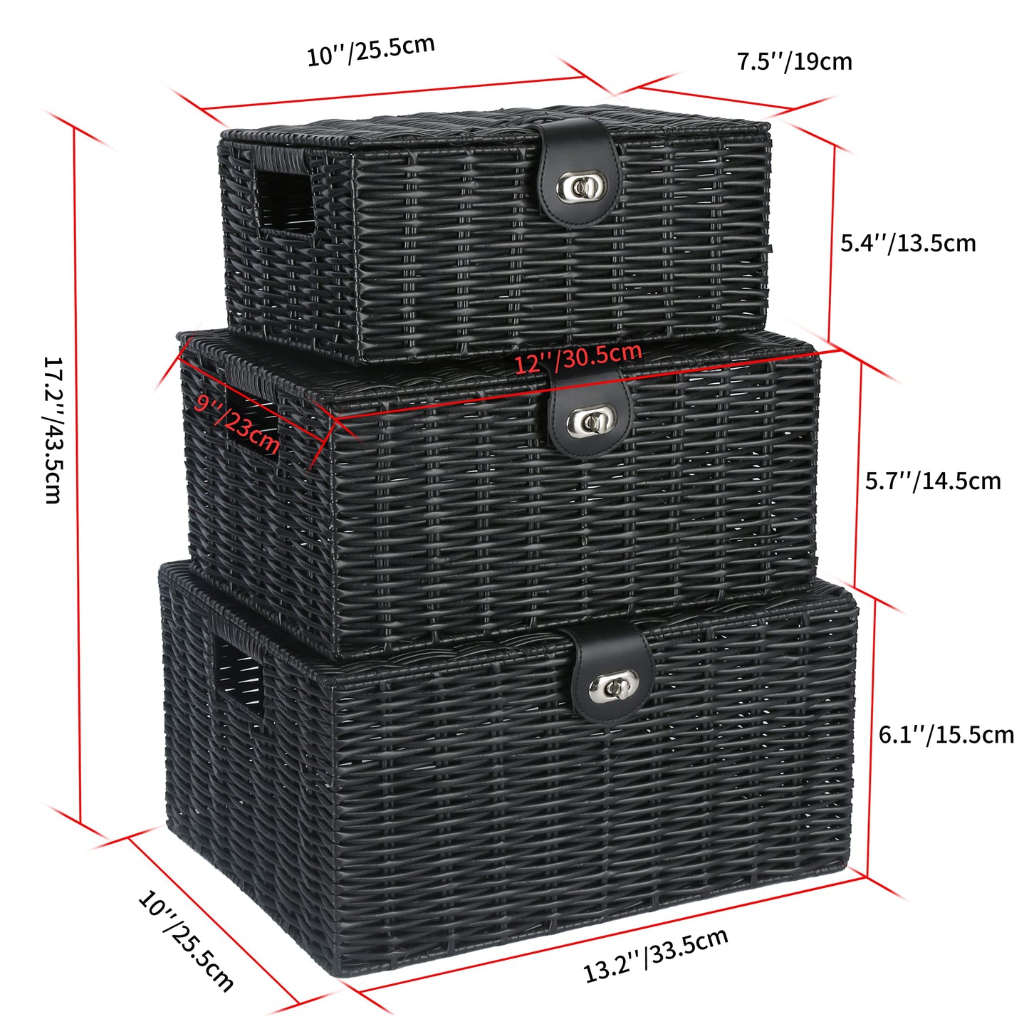 Honygebia - Juego de 3 cestas de almacenamiento de mimbre negro - Cajas decorativas con tapas, cesta tejida con cerradura y asa, organizador para maquillaje, belleza, decoración de baño