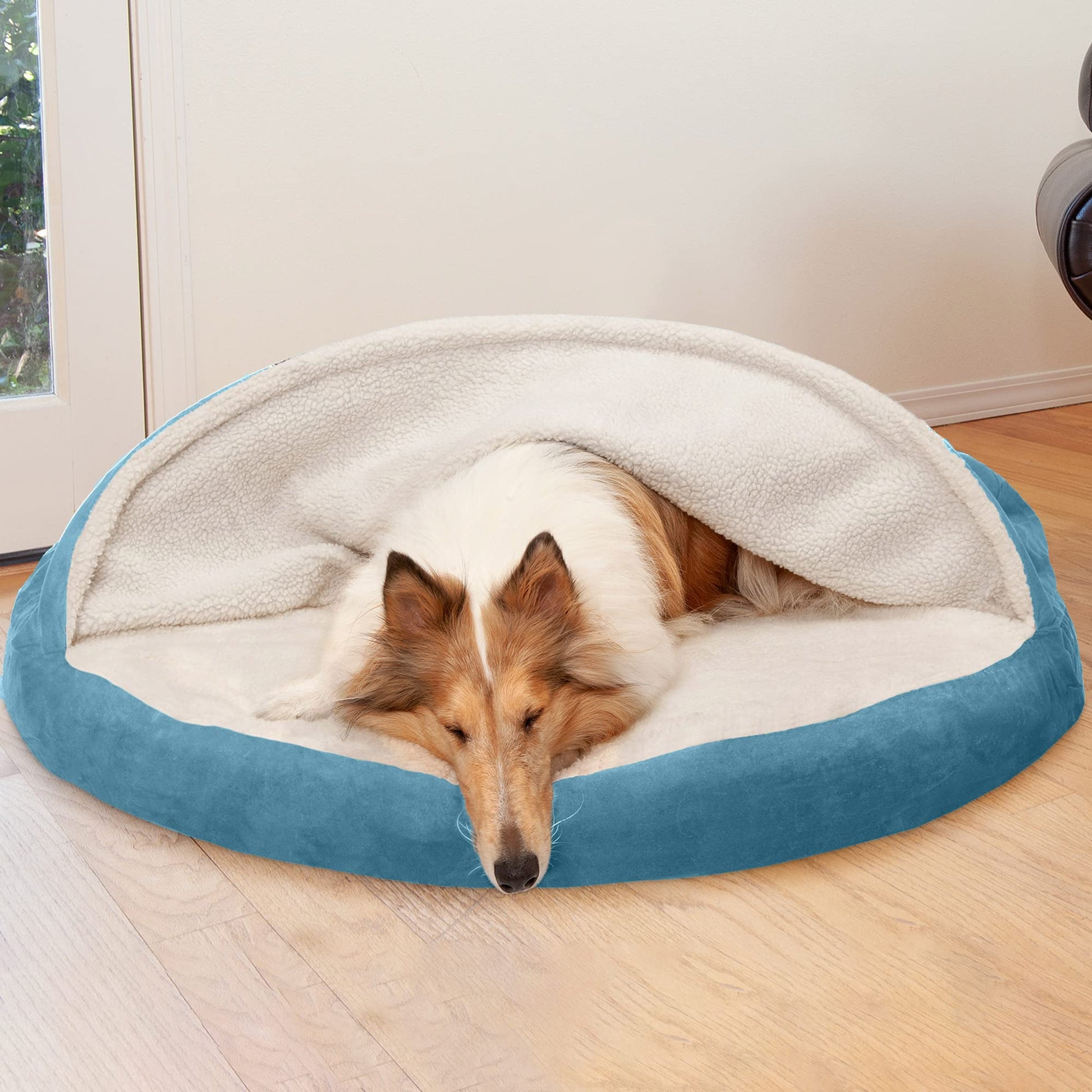 Furhaven Cama para Mascotas para Perros y Gatos, Manta de Sherpa y Gamuza, Cama ortopédica Redonda para Perros, Funda extraíble Lavable a máquina, Azul, 44 Pulgadas