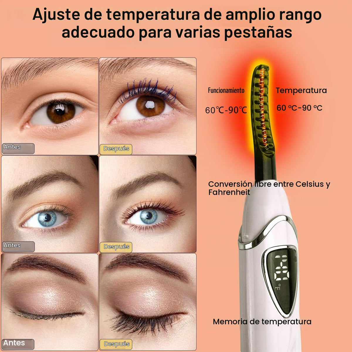 Tehoi - Rizador eléctrico de pestañas con calefacción, pantalla LED de temperatura, rango de control de 60-90 °C, recargable por USB, ideal para el cuidado natural de la belleza para mujeres (Pink+Silver)