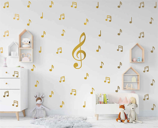 Calcomanía con patrón de notas musicales para el recámara de los niños, amantes de la música, decoración de pared para bebé niña extraíble AD04 (dorado)