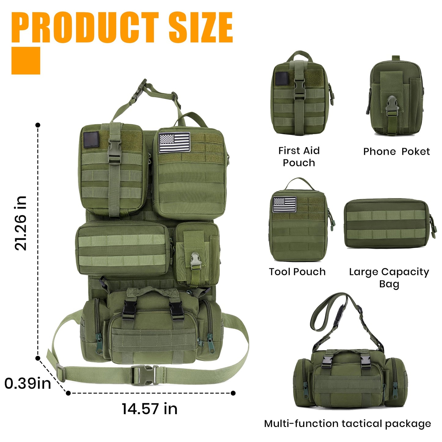 Paquete de 6 organizadores tácticos MOLLE para respaldo de asiento de automóvil - Bolsa de almacenamiento universal para vehículos con 5 bolsas MOLLE desmontables, parche de bandera de EE.UU. y