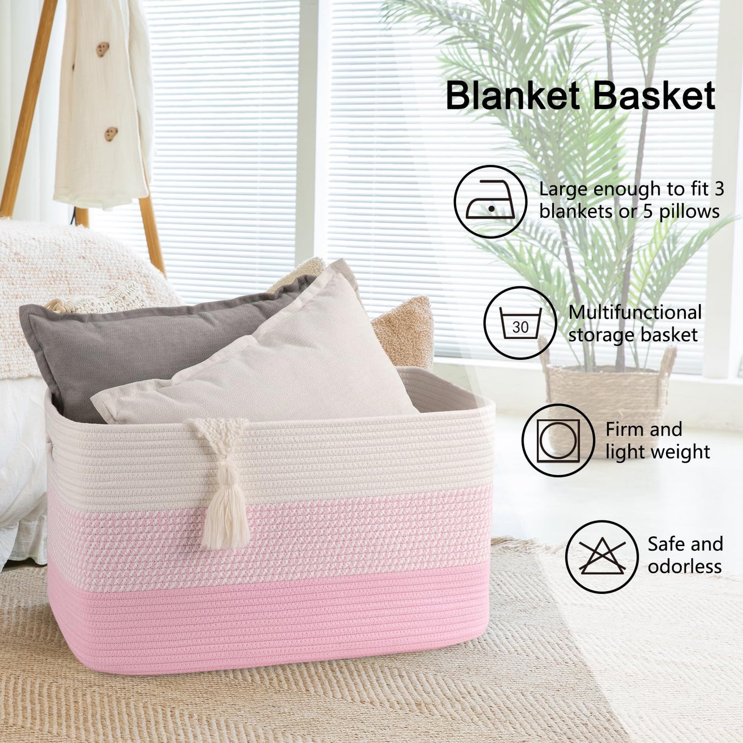 OIAHOMY - Cesta de Manta Grande, 22 X 17 X 12 Pulgadas, Cestas Tejidas Rectangulares para Guardería, Sala de Estar, Almacenamiento de Juguetes con Asa, Cestas Grandes para Organizar, Color Rosa/blanco