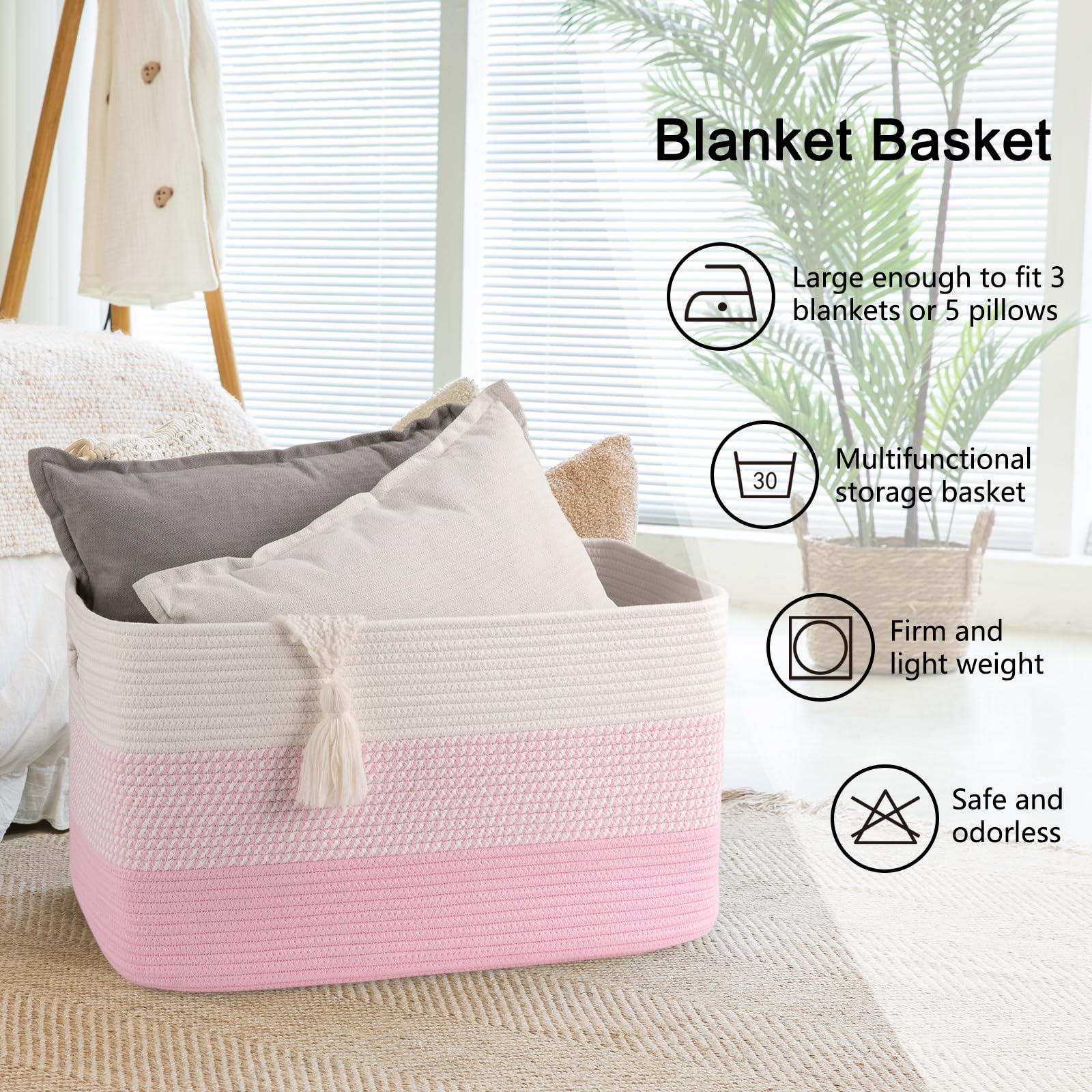 OIAHOMY - Cesta de Manta Grande, 22 X 17 X 12 Pulgadas, Cestas Tejidas Rectangulares para Guardería, Sala de Estar, Almacenamiento de Juguetes con Asa, Cestas Grandes para Organizar, Color Rosa/blanco