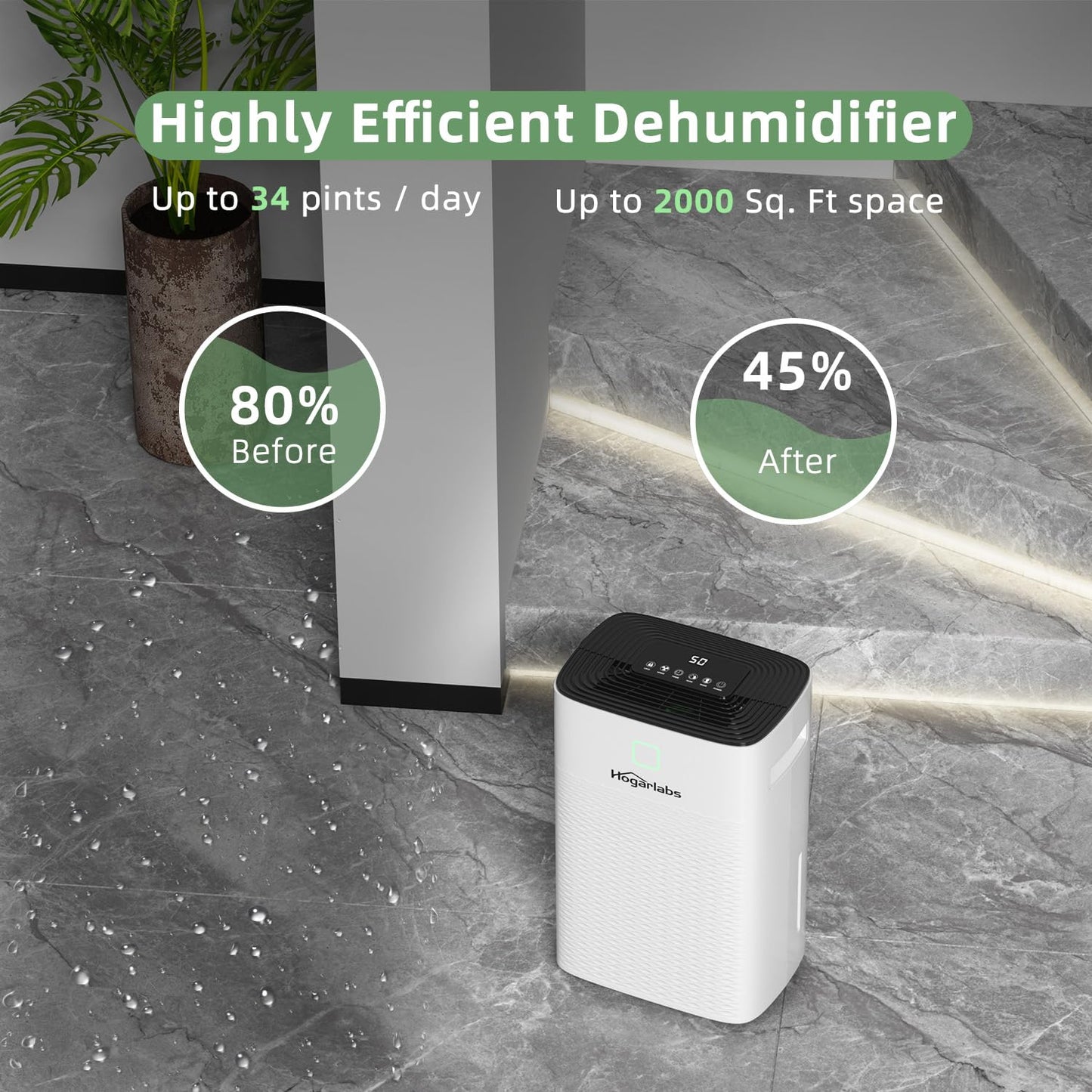 HOGARLABS Deshumidificador de 30 pintas para hogar y sótanos, 3 modos de trabajo, protección contra desbordamiento y reinicio automático, ultra silencioso
