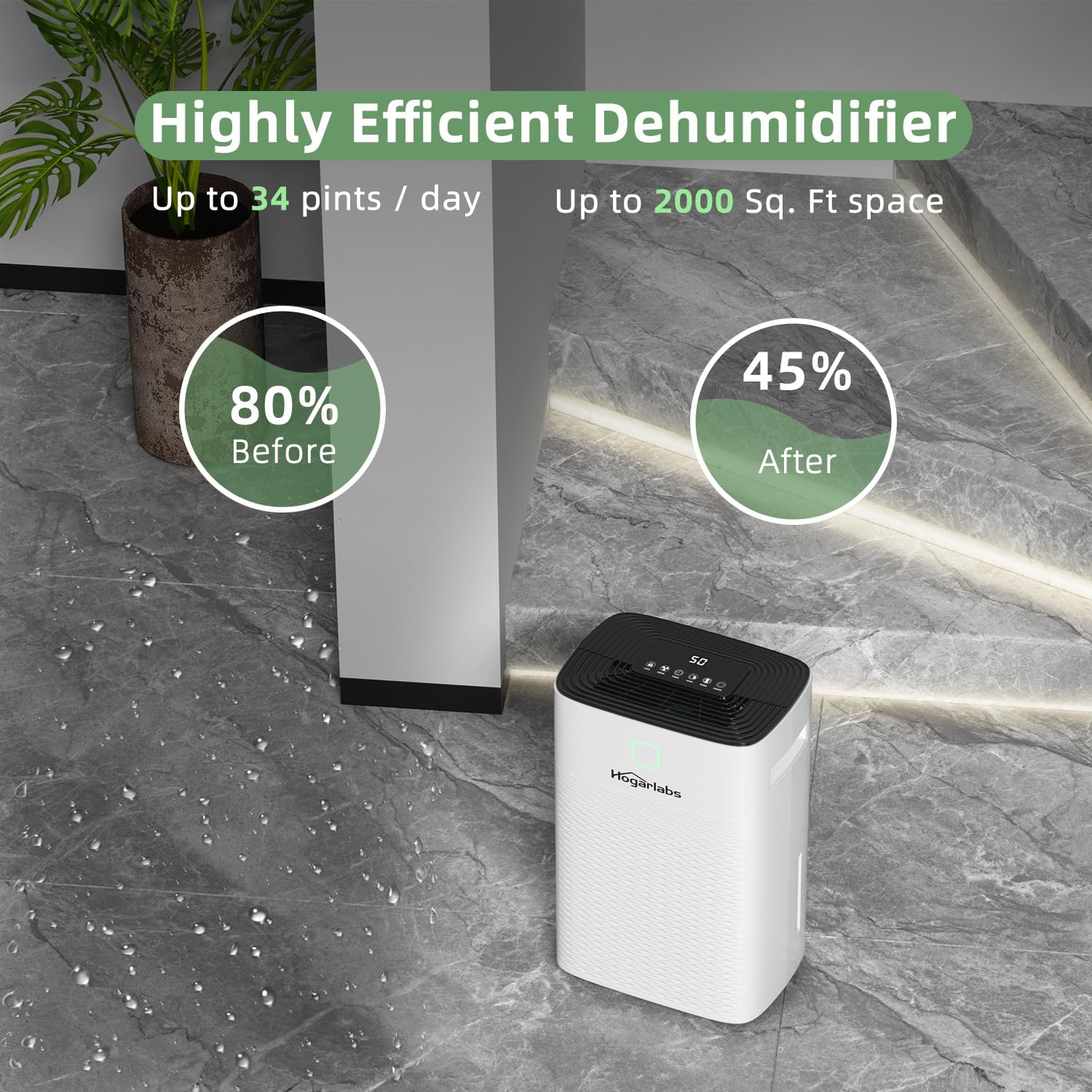 HOGARLABS Deshumidificador de 30 pintas para hogar y sótanos, 3 modos de trabajo, protección contra desbordamiento y reinicio automático, ultra silencioso