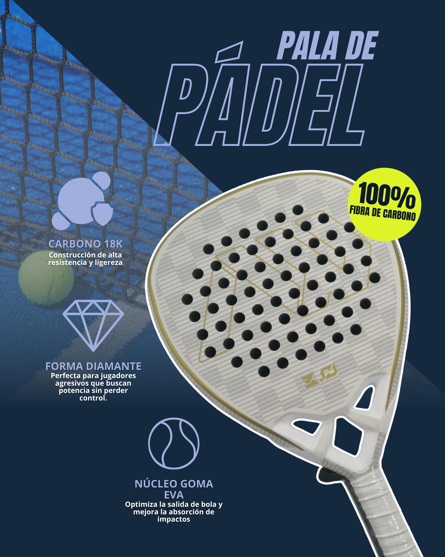 AW DEPORTES Pala de Padel 100% Fibra de Carbono 18K – Raqueta Deportiva con Tecnología Núcleo Goma EVA, 375 grs, AW 3.0 Striker Blanco