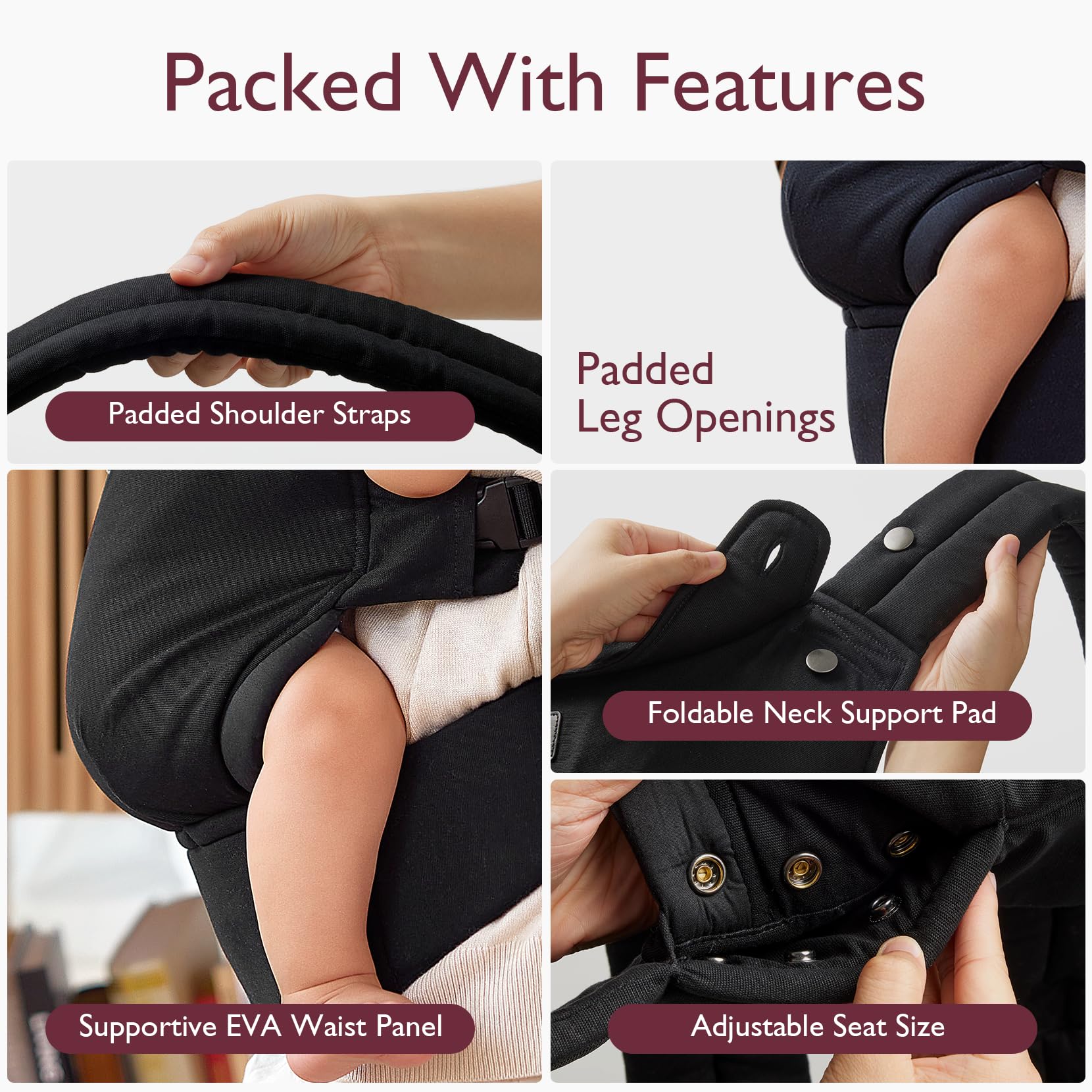 Portabebés Momcozy Negro Ergonómico y Ligero con Apoyo Lumbar para Padres