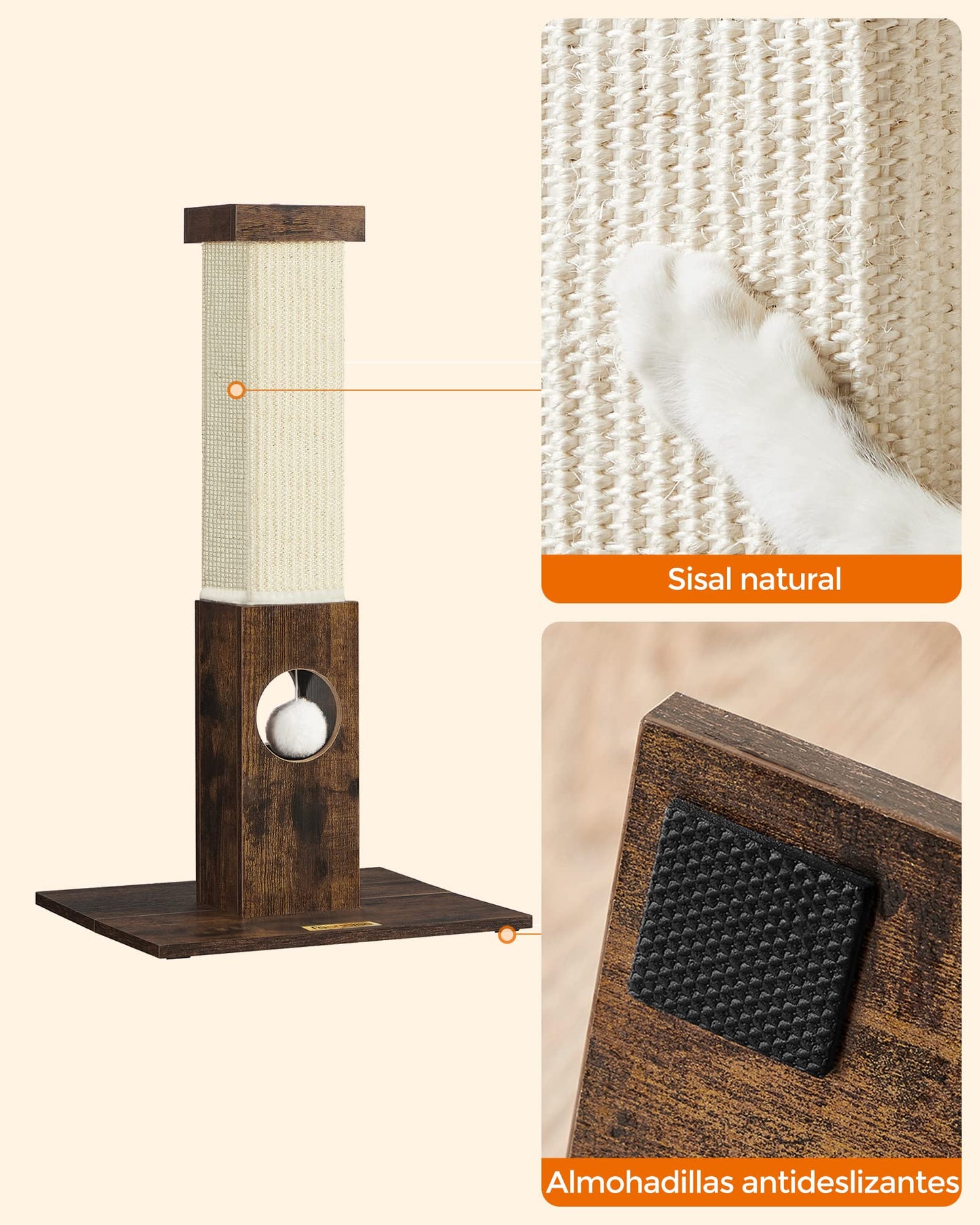 Feandrea Poste de Rascado para Gatos, 73 cm, Rascador de Sisal, Marrón Rústico MPCA021X01