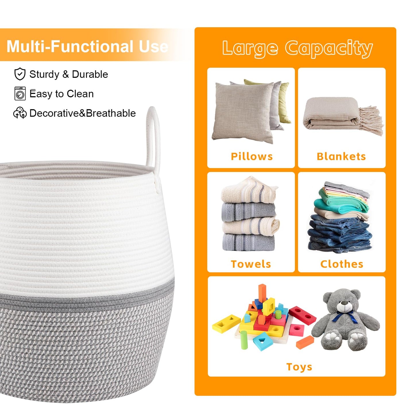 OIAHOMY Cesta para Mantas de 60L con Asa, Cesta de Almacenamiento para Sala de Estar, Cesta de Ropa Sucia para Ropa, Toallas, Almohadas, Almacenamiento de Juguetes para Niños y Perros, Cesta de Bebé