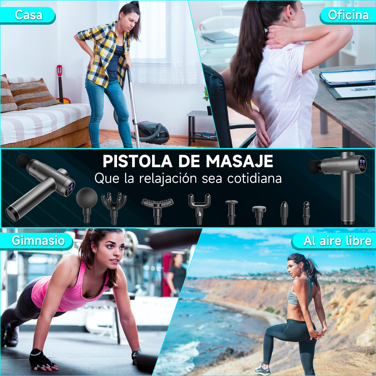 KOSCHEAL Pistola de Masaje, Súper Potencia Masajeador de Muscular Profesional 99 Velocidades Ajustables y 8 Cabezales Tecnología de Carga Rápida para Espalda Cuello,Hombro Alivio del Dolor de Tejido Profundo