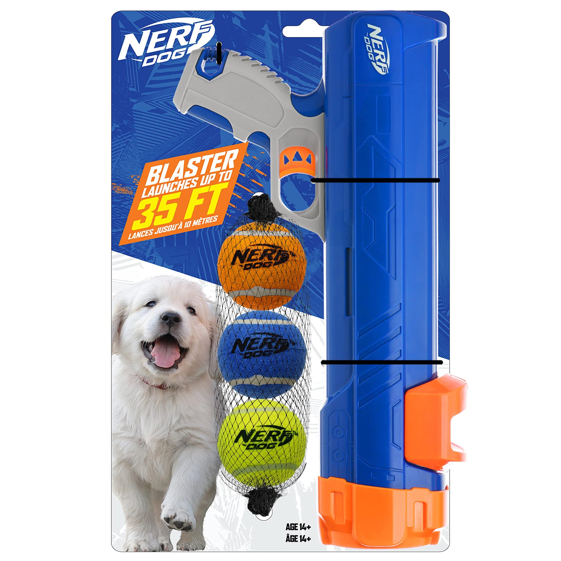 Nerf Dog Blaster de 30,5 cm sin Clip de Bola 3 Pelotas de Tenis de 5 cm – Azul Opaco, Naranja/Gris y Naranja, Azul y Verde
