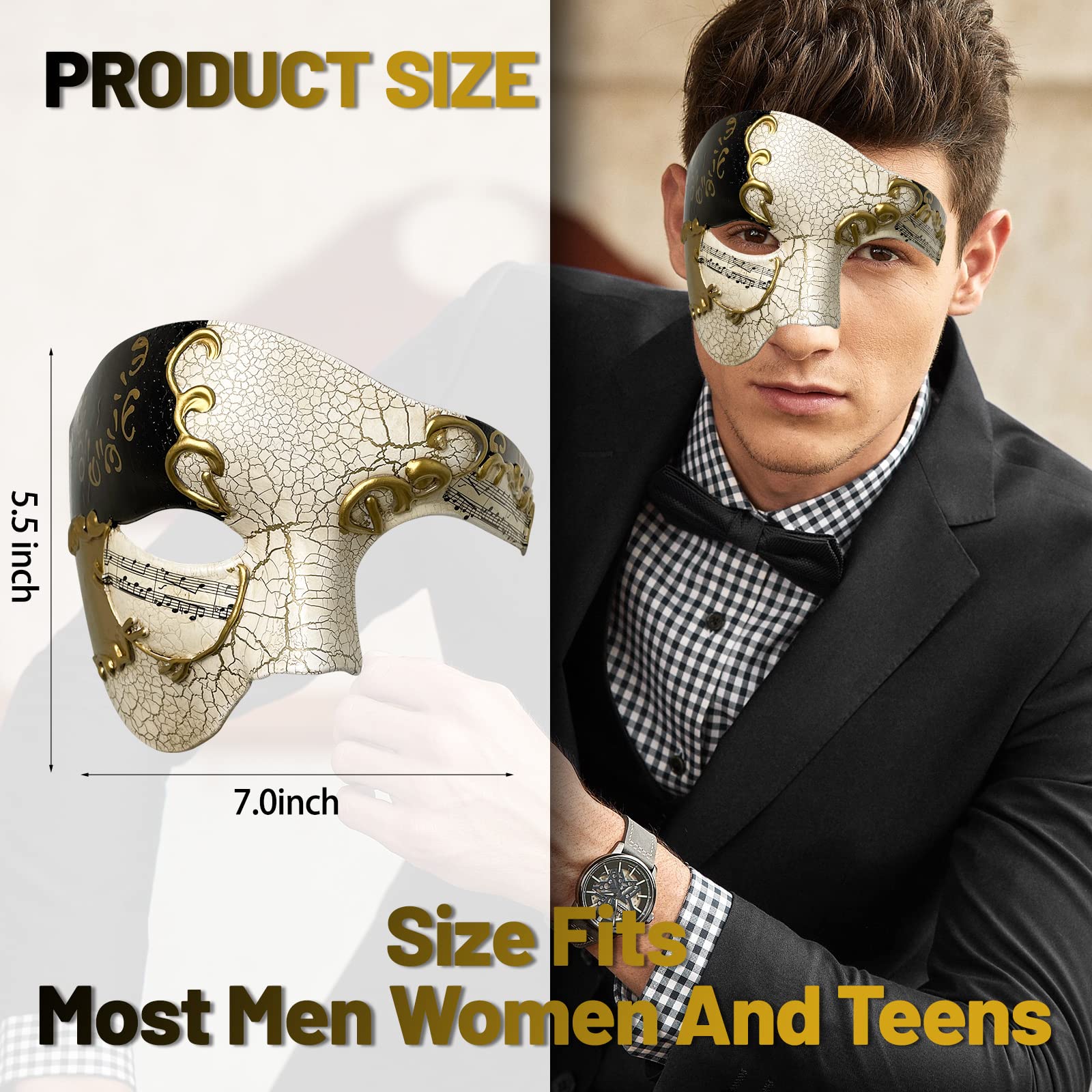 IncreDecor Máscara de mascarada para hombres Phantom of The Opera con lazo, máscaras venecianas para fiesta de Halloween (negro)