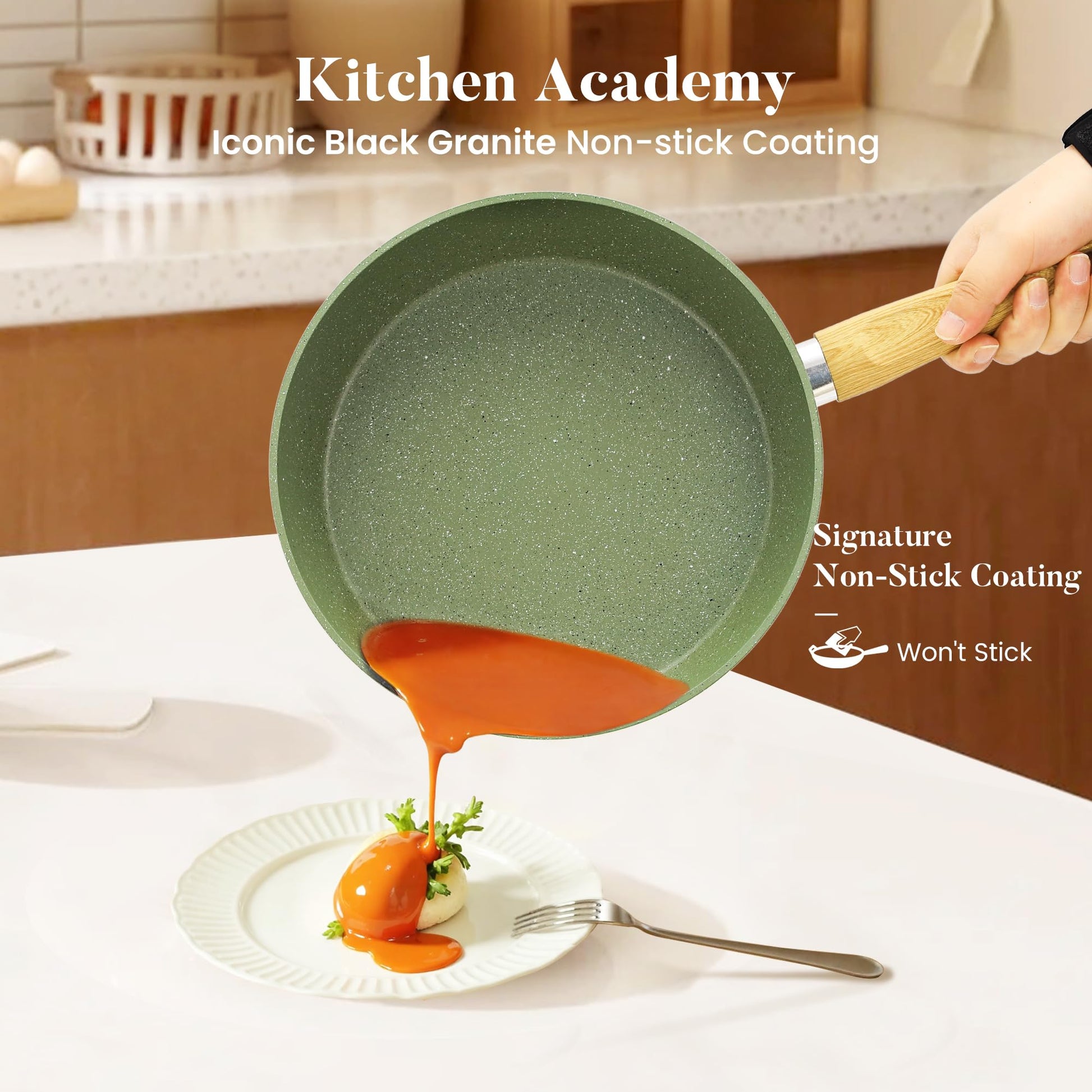 Kitchen Academy - Juego de utensilios de cocina de inducción de 17 piezas, juego de ollas y sartenes de granito verde, juego de sartenes antiadherentes