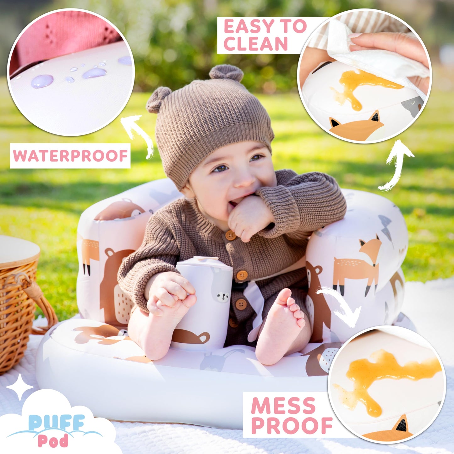 Puff Pod Asiento inflable de alta calidad para bebé con bomba integrada, silla inflable con arnés de seguridad y base antideslizante, silla de bebé para bebés de 3 a 36 meses, silla inflable portátil