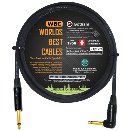 Cable Gotham GAC-1 Ultra Pro de 1,8 m (21 pf/F) para guitarra y bajo - con conectores TS de color dorado de Neutrik recto a ángulo de ¼ pulgadas (6,35 mm) - Hecho a medida por WORLDS BEST CABLES
