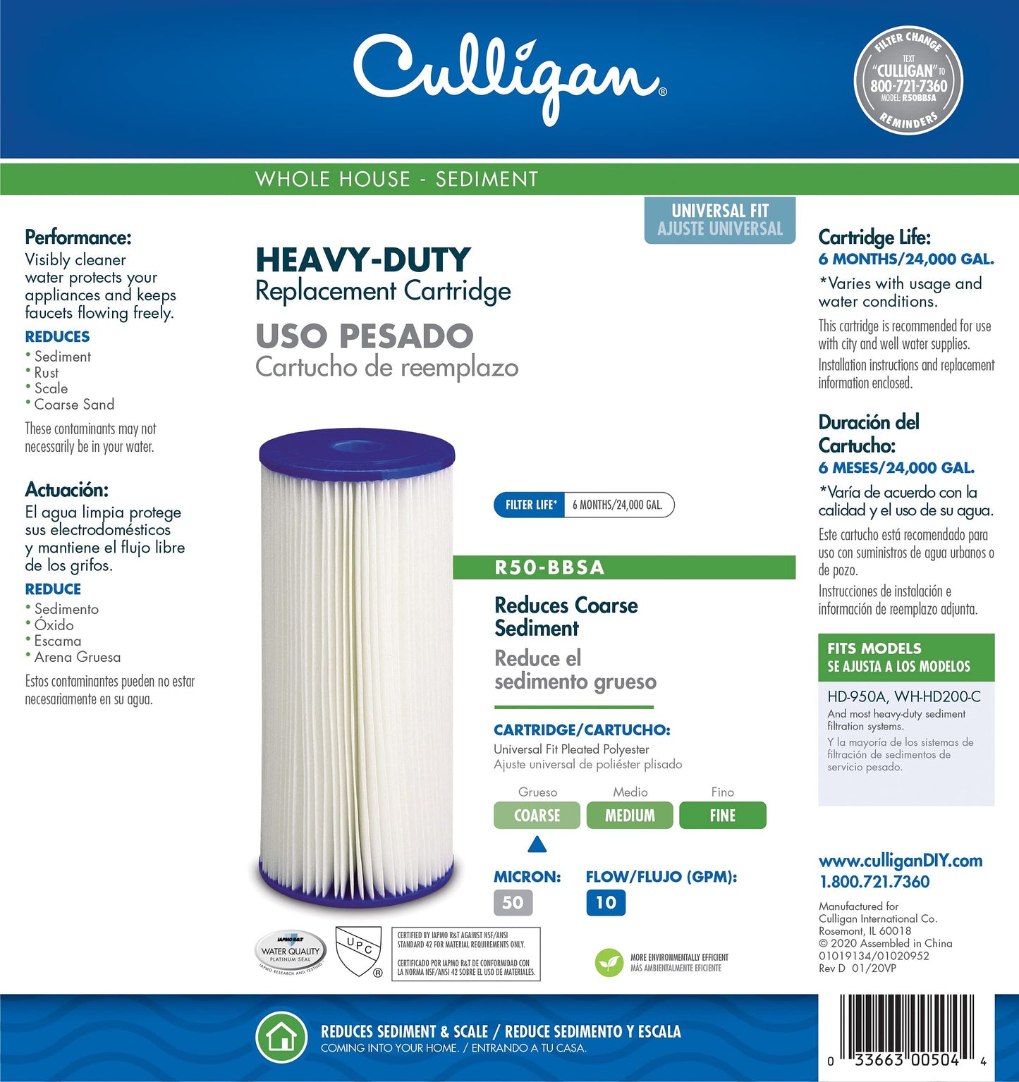 Culligan R50-BBSA Nivel 1 50 Micron Cartucho de Repuesto de Uso Pesado Recolección de Sedimentos