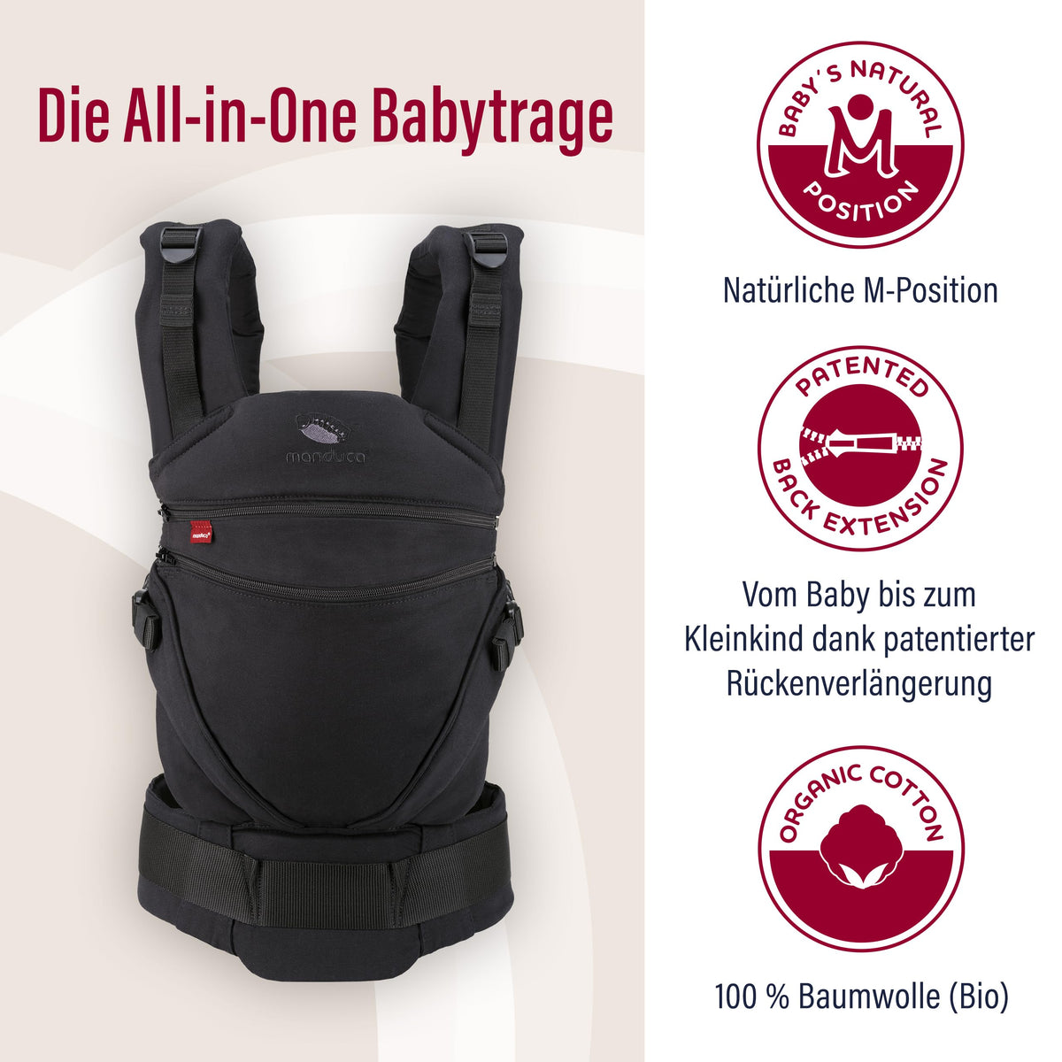 Manduca XT, portabebés con asiento ajustable, 3 posiciones de transporte (delantero, cadera y espalda), algodón orgánico, crece con tu bebé (3,5-20 kg), Monochrome Obsidian, XT Cotton