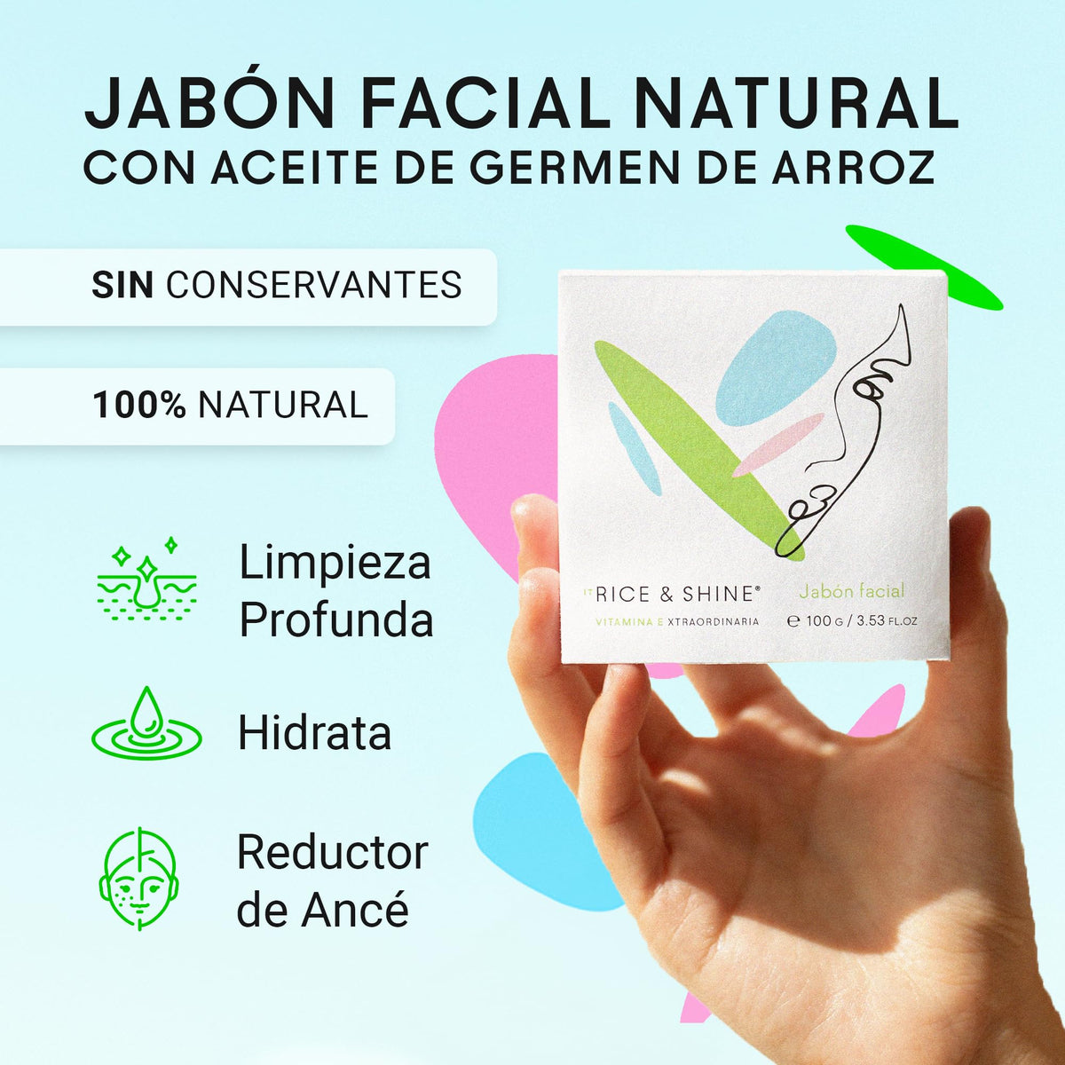 RICE & SHINE | Jabón Facial Natural con Aceite de Germen de Arroz - Vitamina E | Skin Care Limpieza Profunda e Hidratación | Reductor de Acné