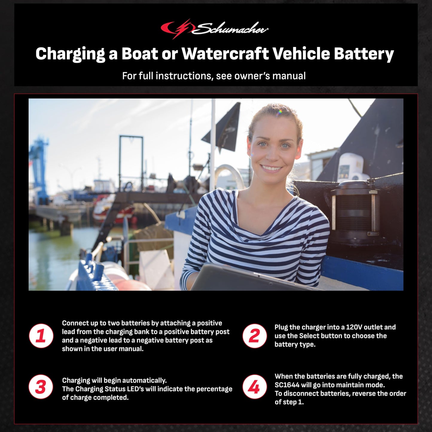 Schumacher Electric Ship 'n Shore Cargador y mantenedor de batería de coche de dos bancos a bordo de 15 A, solución 2 en 1, carga secuencial, para baterías de deportes de potencia, automoción y marina