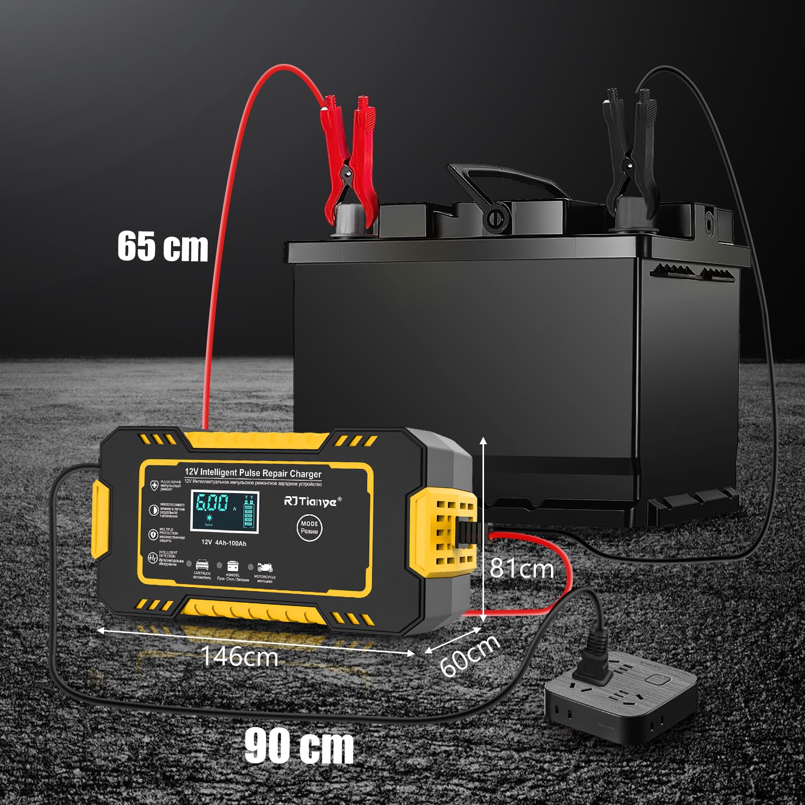 Cargador de Bateria 12V 6A, Cargador Bateria Coche con Visualización LCD y Abrazaderas, Arrancador de Bateria GEL, AGM, WET para Auto Inteligente Mantenimiento de Batería, Para Coche, Moto, Camiones