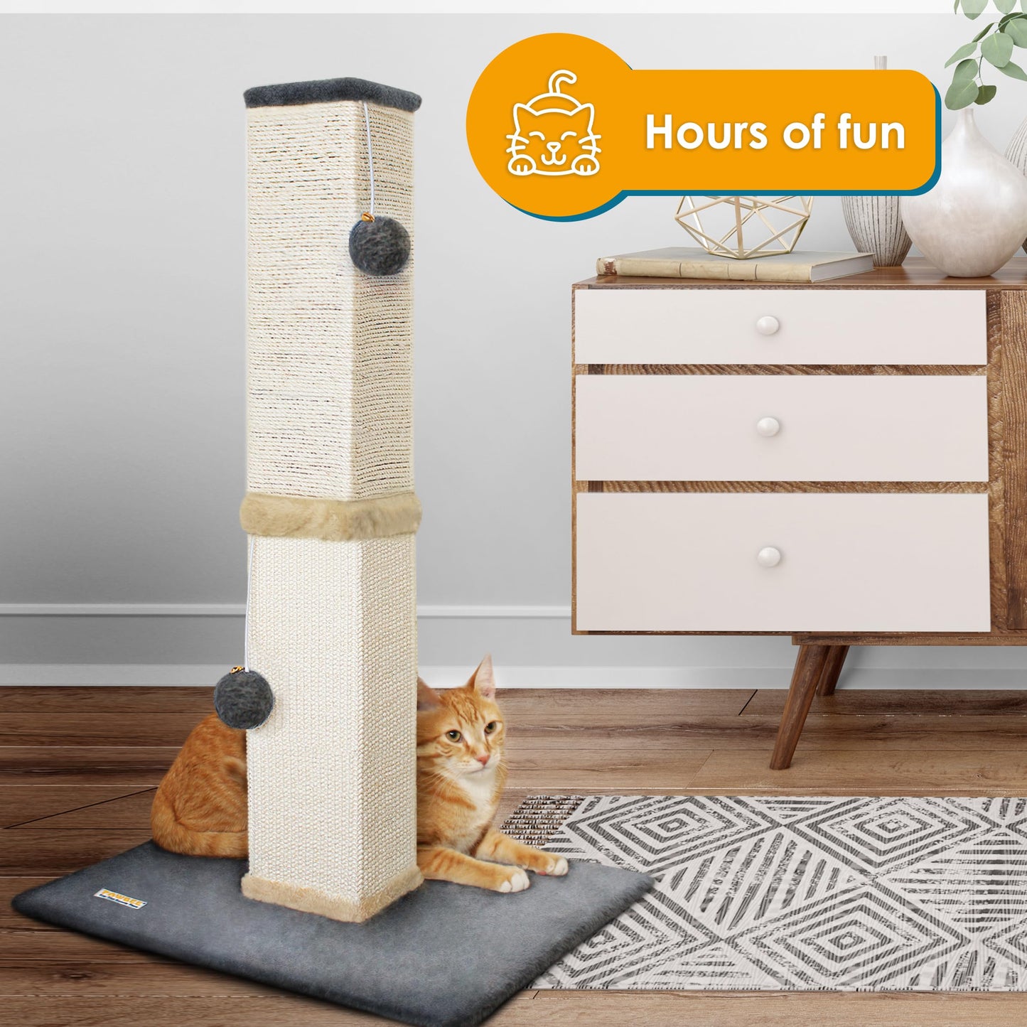 Torre Rascador para Gatos PAWBEE Beige de 32 Pulgadas con Campanas y Bolas de Felpa