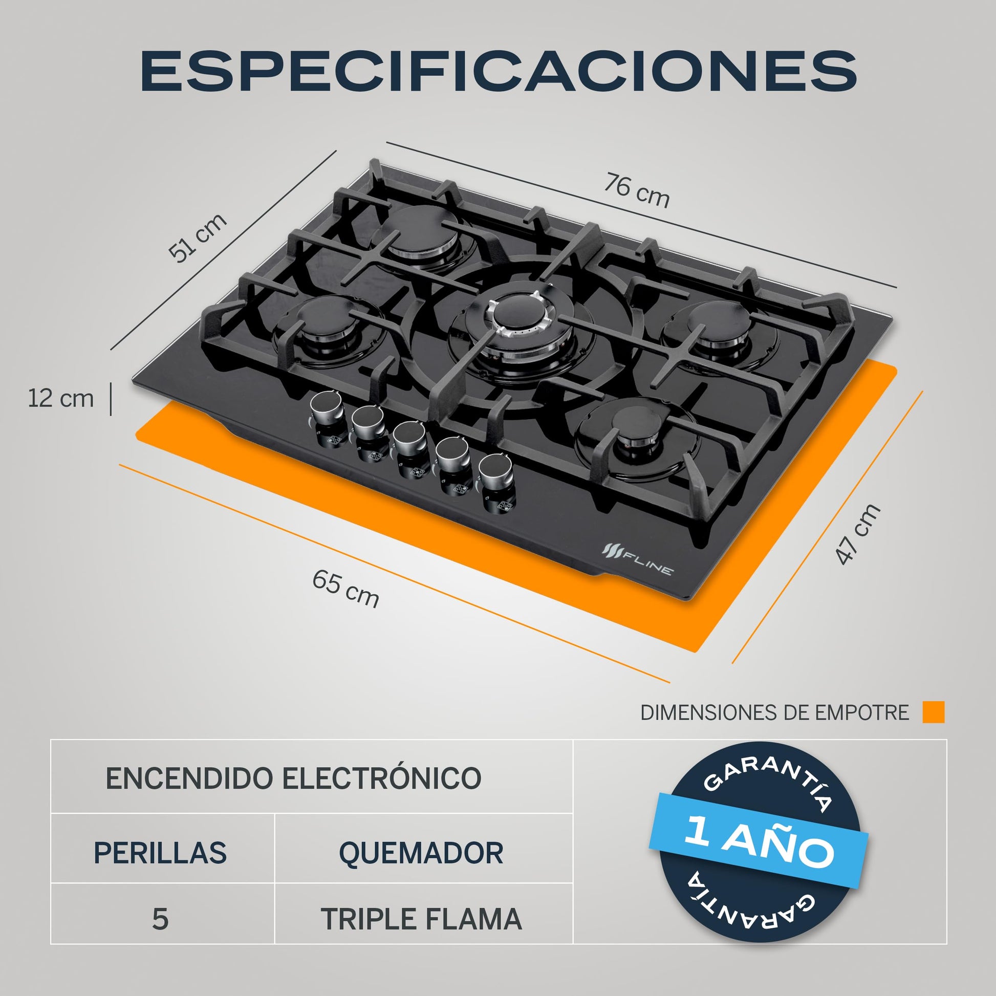 Parrilla de Gas Empotrable 5 Quemadores Vidrio Templado 76 cm Encendido Electrónico para Inducción