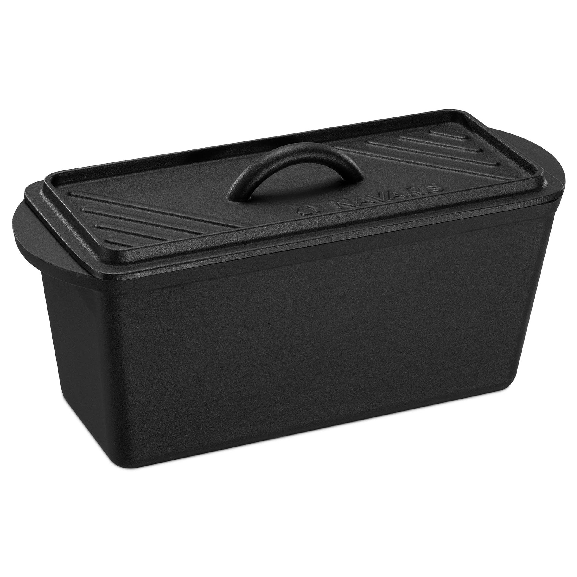 Navaris Olla para Hornear Pan - Cacerola Rectangular 34 x 13 x 13 cm de Hierro Fundido para Horno Bbq Vitrocerámica Inducción - Cazuela con Tapa - Negro