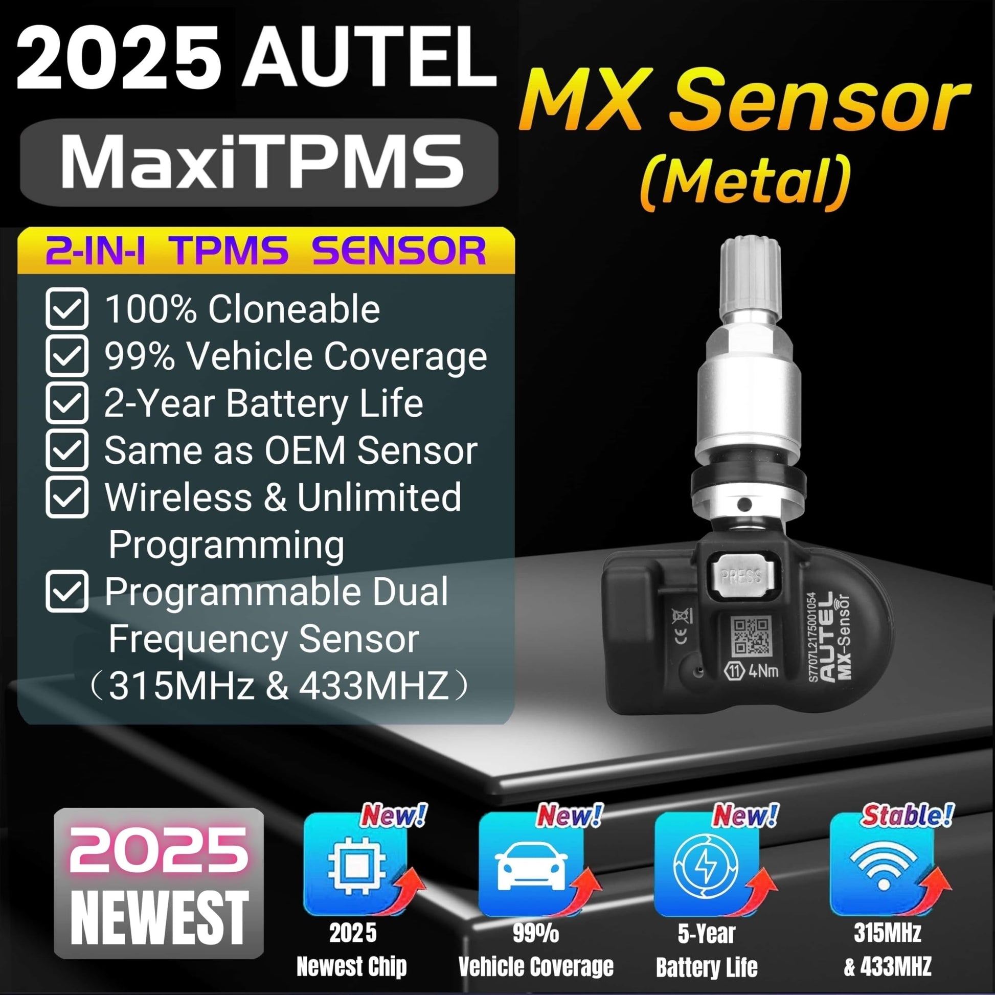 Autel MaxiTPMS MX - Sensor 4 unidades de tallo de metal 315/433MHz TPMS Sensor universal de neumáticos programado por TPMS Tool TS401 TS408 TS501 TS508 TS601 TS608 MK808TS MX808TS MS906TS ITS600