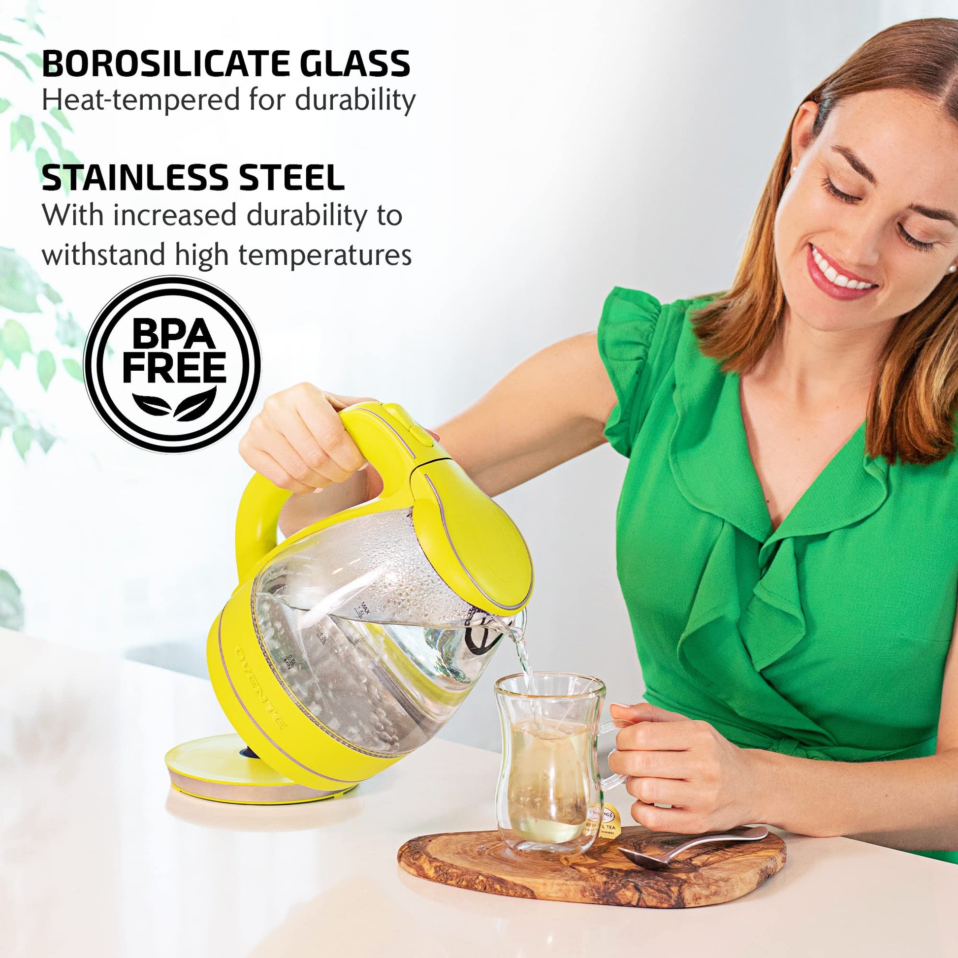 Hervidor de Agua Eléctrico Ovente Verde de Vidrio 1.5 Litros Libre de BPA