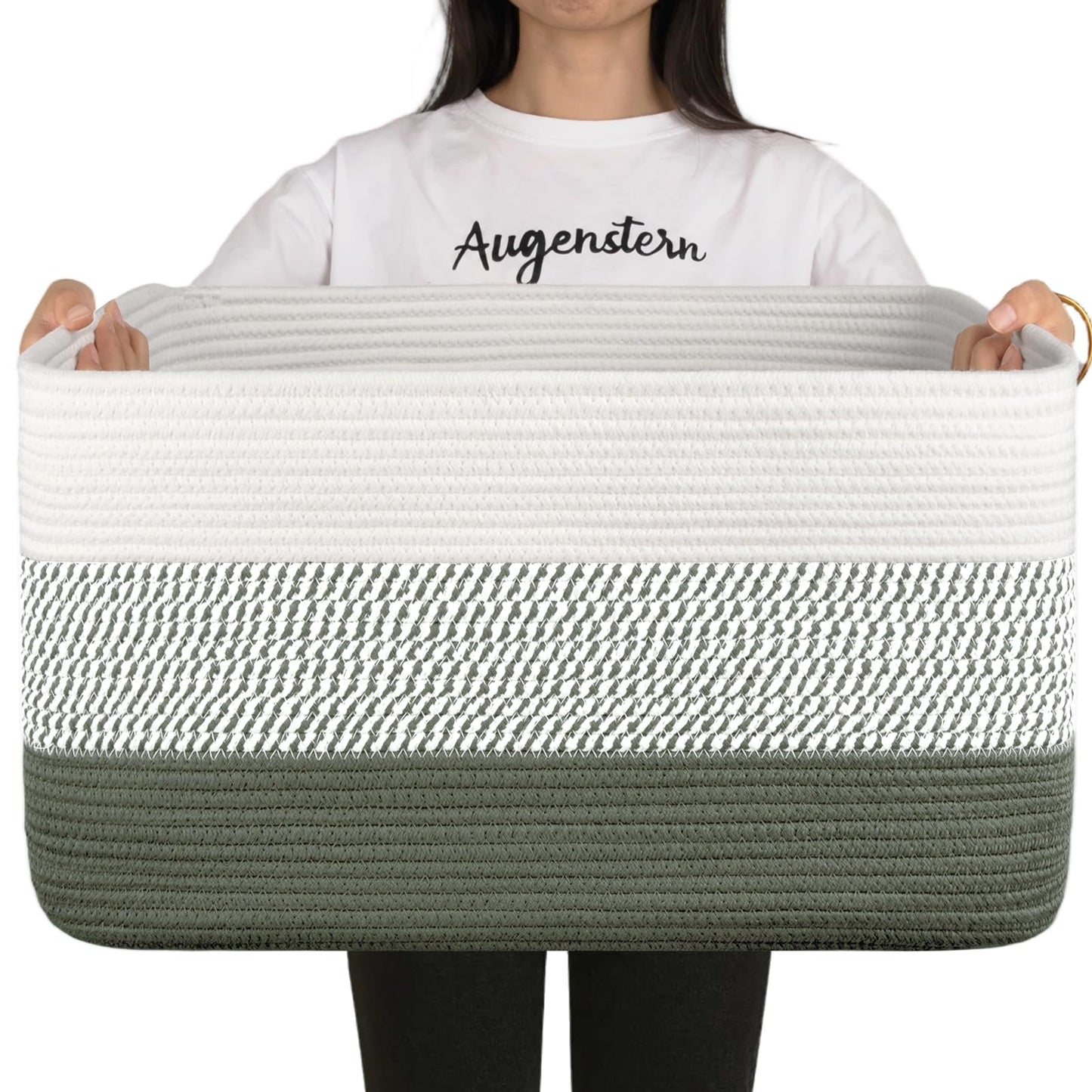 OIAHOMY - Cesta de manta grande, 22 x 17 x 12 pulgadas, cestas tejidas rectangulares para guardería, sala de estar, almacenamiento de juguetes con asa, cestas grandes para organizar, verde/blanco