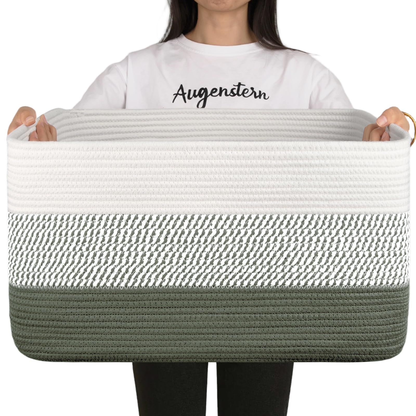 OIAHOMY - Cesta de manta grande, 22 x 17 x 12 pulgadas, cestas tejidas rectangulares para guardería, sala de estar, almacenamiento de juguetes con asa, cestas grandes para organizar, verde/blanco