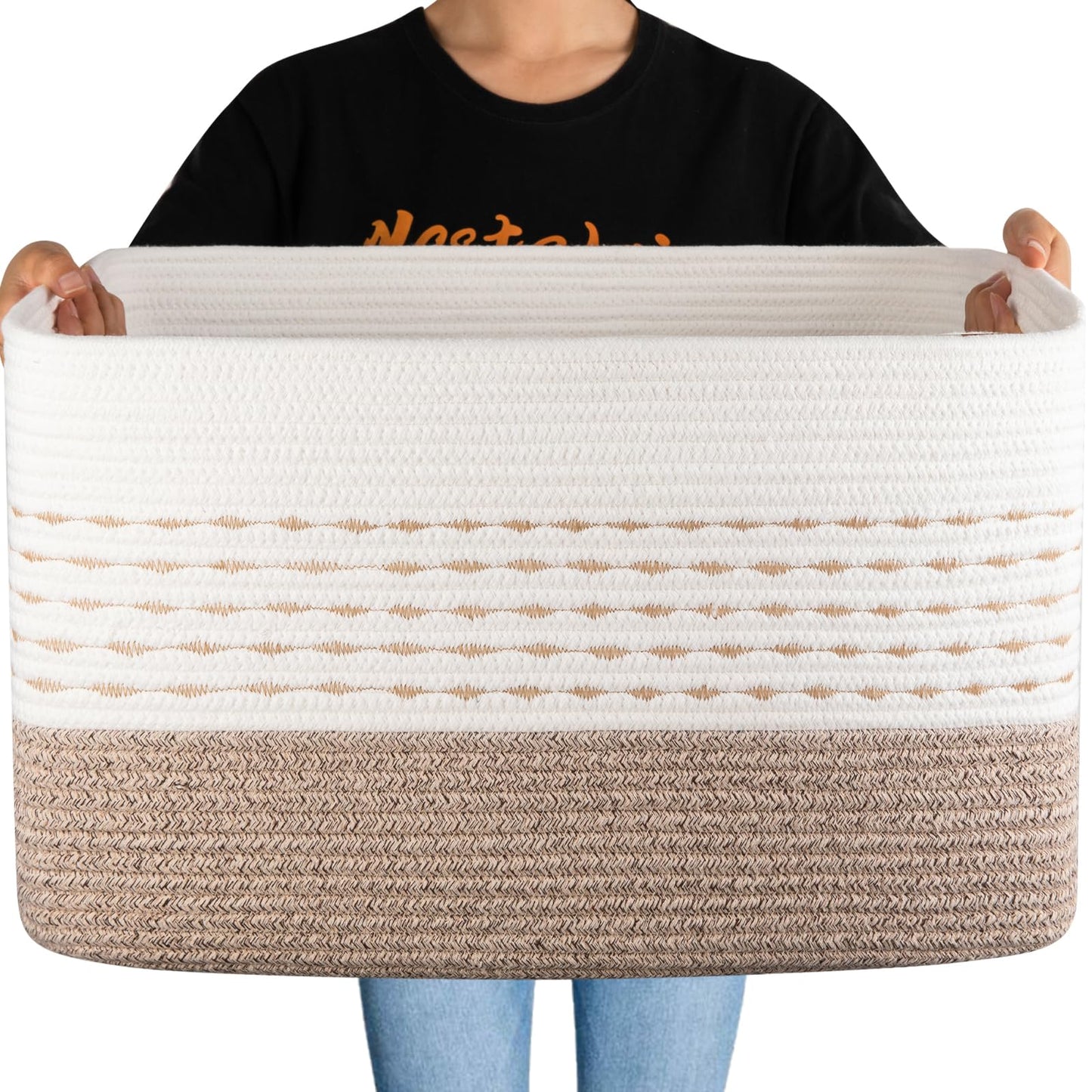 OIAHOM - Cesta de manta extragrande de 75 litros, 55,8 x 43,2 x 38,1 cm, cestas de cuerda de algodón tejidas rectangulares para sala de estar, almacenamiento de juguetes con asa, color café claro