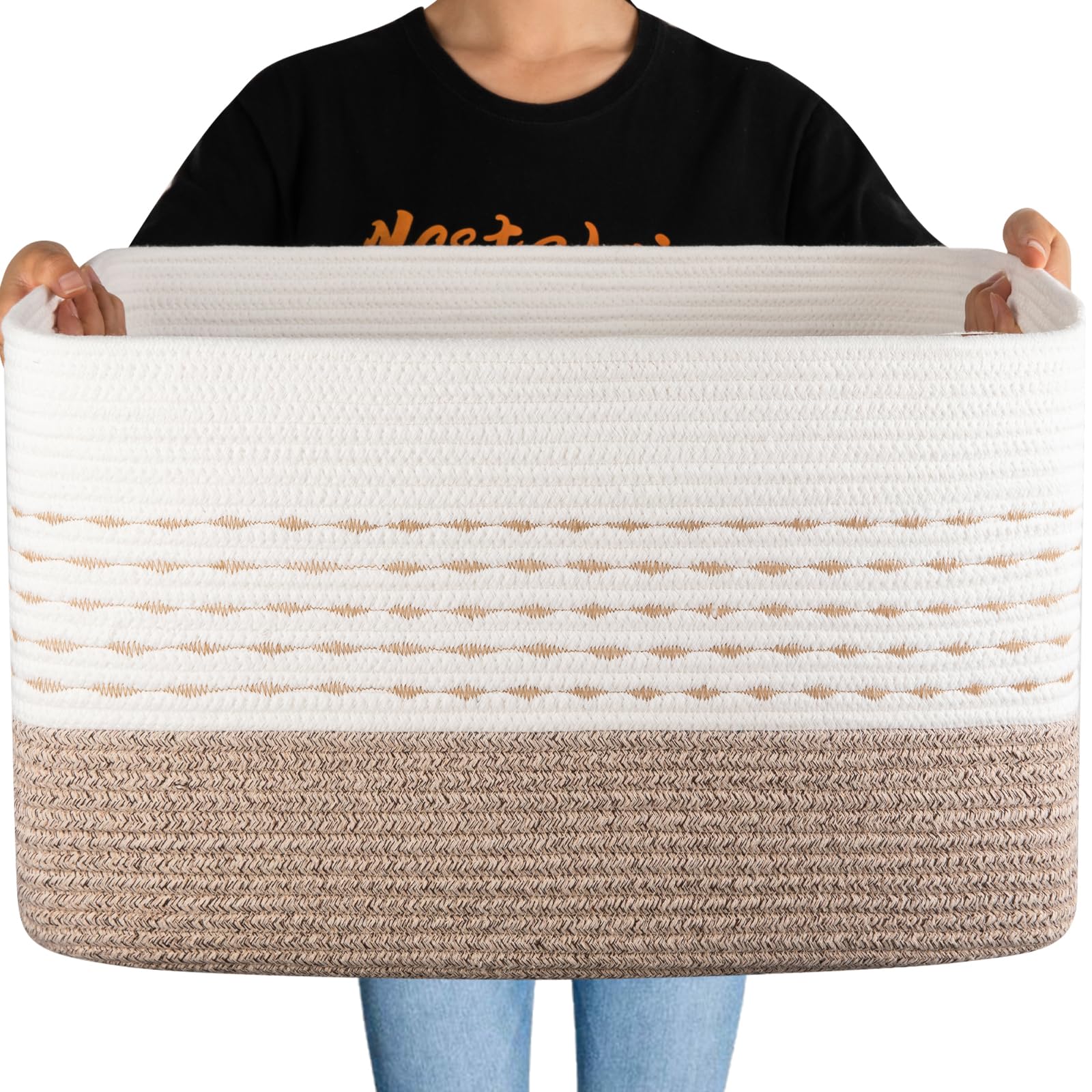 OIAHOM - Cesta de manta extragrande de 75 litros, 55,8 x 43,2 x 38,1 cm, cestas de cuerda de algodón tejidas rectangulares para sala de estar, almacenamiento de juguetes con asa, color café claro