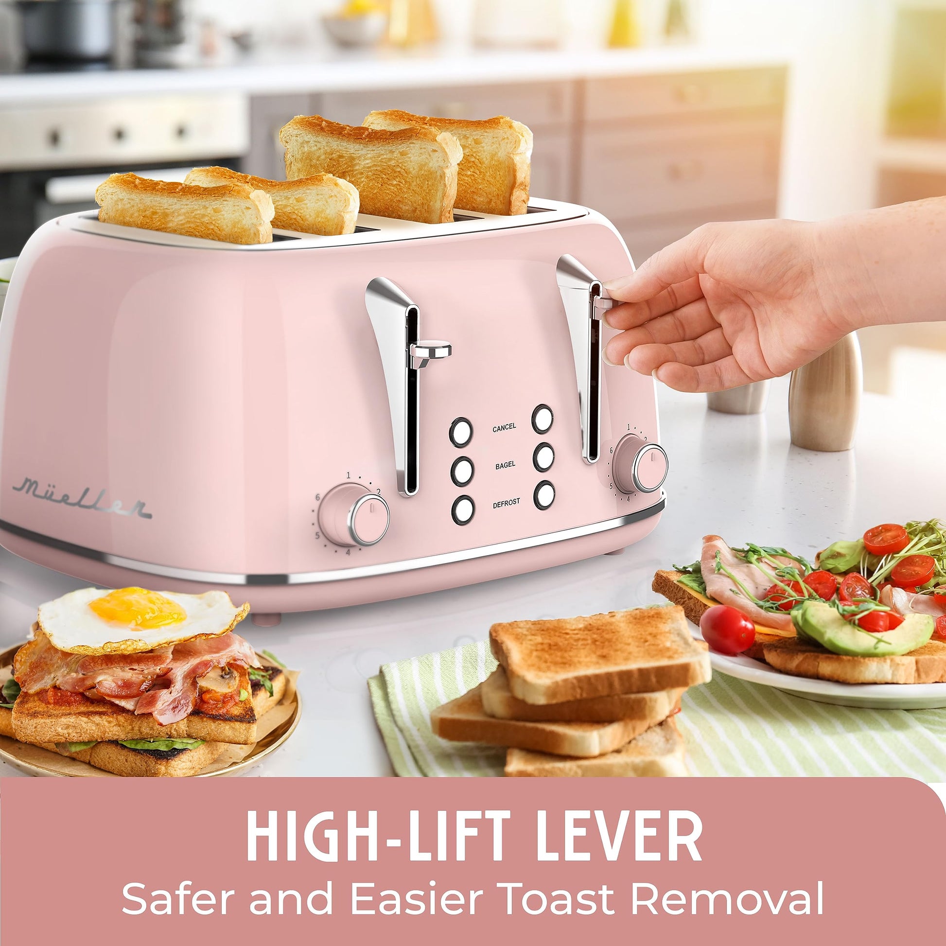 Mueller Retro Toaster 4 Slice with Extra Wide Slots Bagel, Defrost, Reheat, Cancel Function, 6 Browning Levels, Dual Independent Control Panel, Removable Crumb Tray and High Lift Lever, Pink