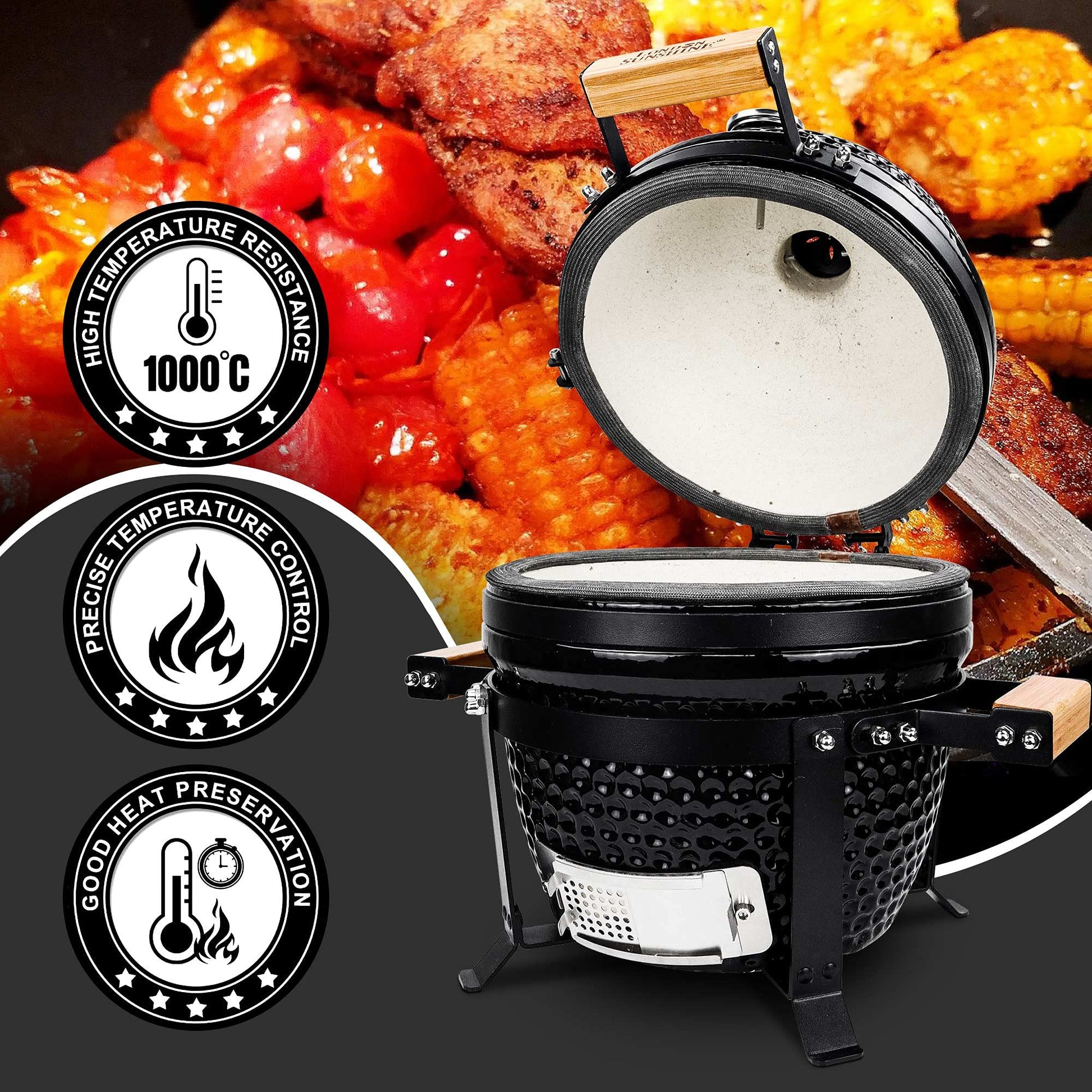 London Sunshine - Parrilla de cerámica de carbón Kamado, con rejillas de acero inoxidable, portátil de sobremesa, 33 cm, negro
