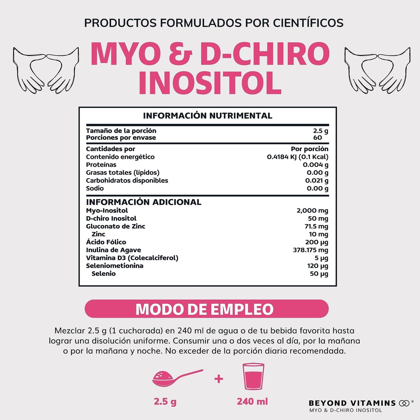 Inositol 40:1 | 60 días | Myo y D-Chiro Inositol fortificado con Zinc, Acido Folico, Inulina de Agave, Vitamina D3 y Seleniometionina | Vitaminas para mujer | (150 Gramos-60 porciones)
