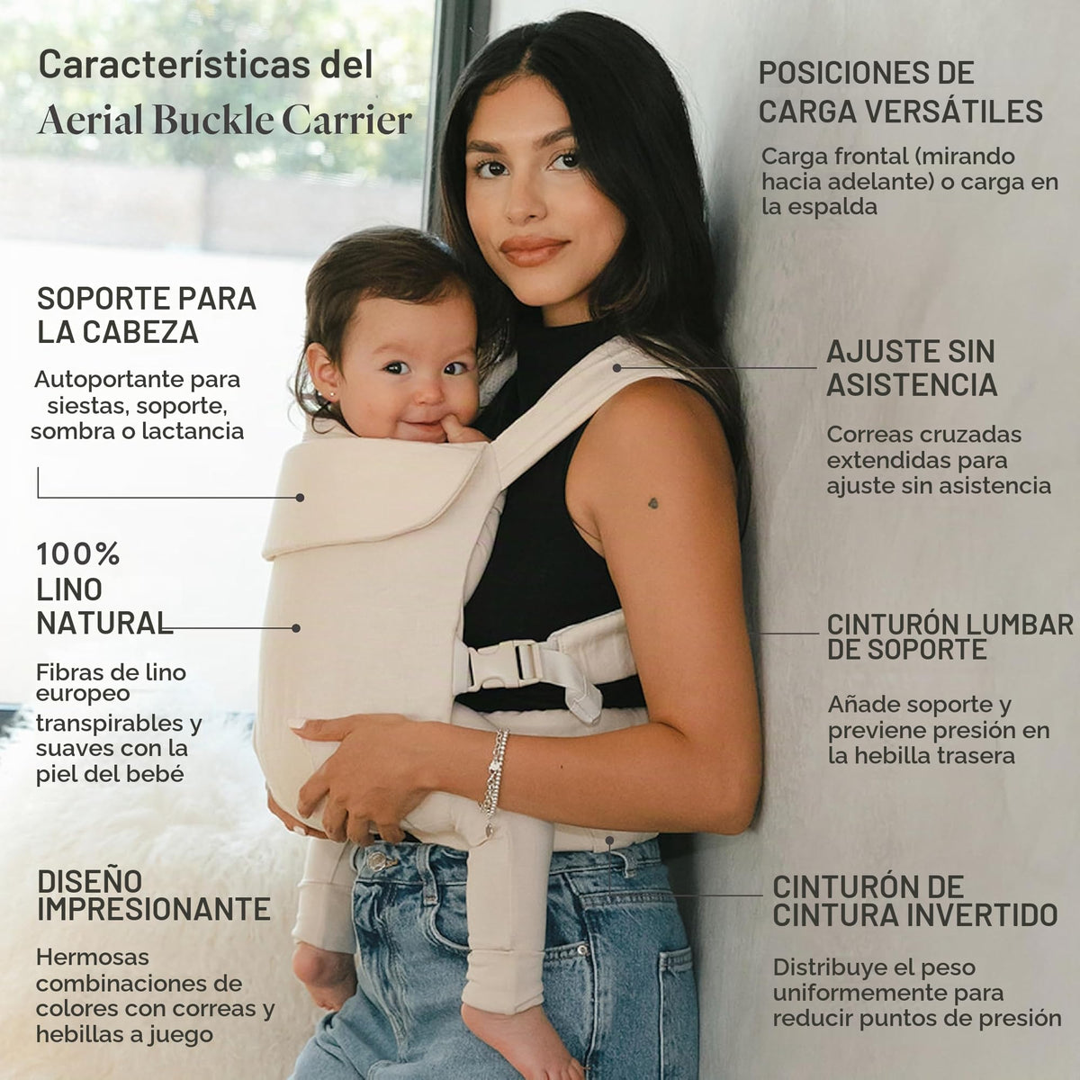 WildBird - Transportador aéreo - 7 a 45 libras - para mamás, papás y cuidadores - 100% fibras naturales de lino europeo - Versátil y ajustable - Tamaño grande - Tela gorrión