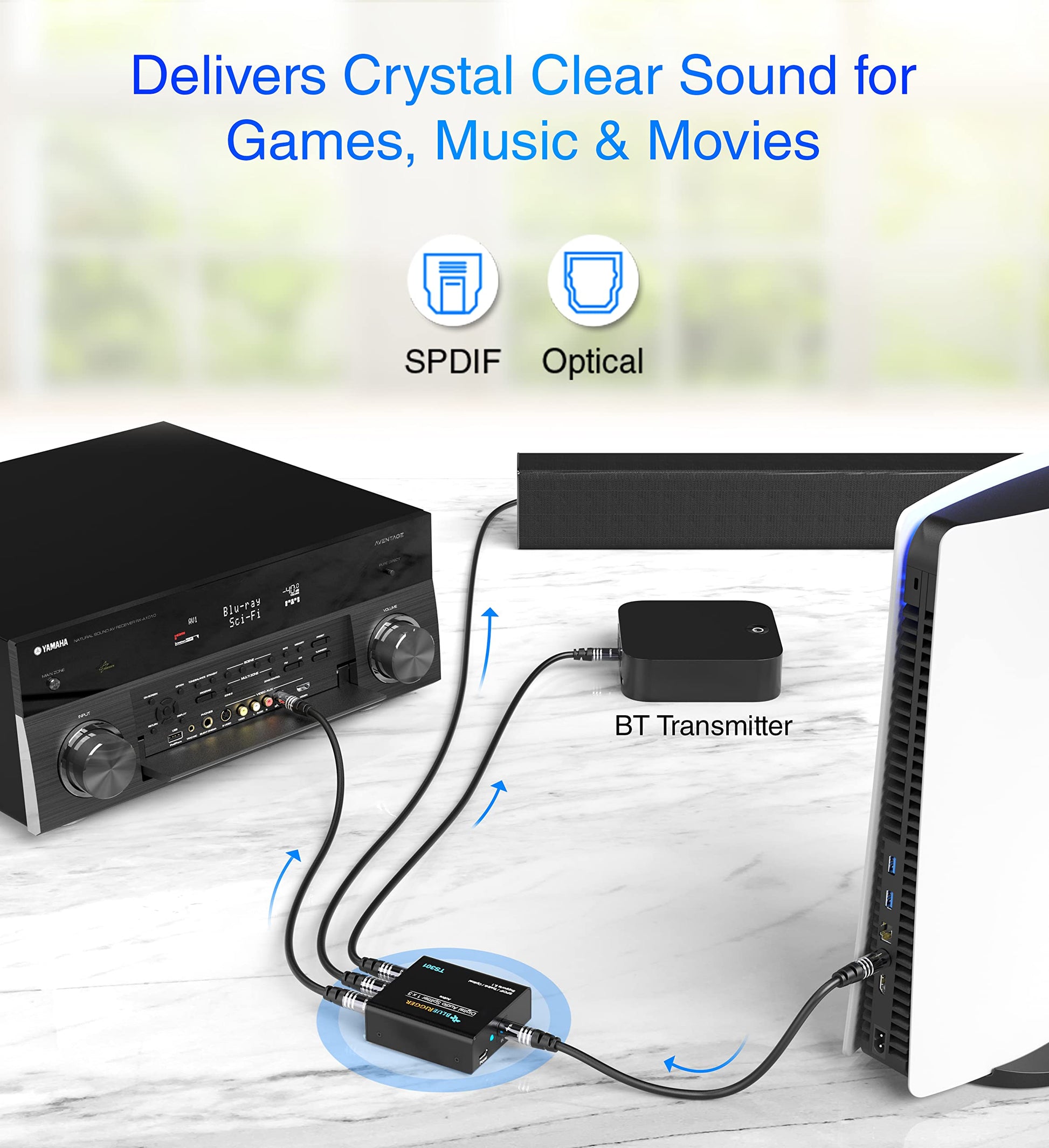 BlueRigger - Divisor de audio óptico digital (divisor activo Toslink 1 en 3 salida, SPDIF, adaptador de fibra óptica) - Compatible con cine en casa, Xbox, PS4, DVD, receptor, TV, LPCM2.0, DTS, Dolby