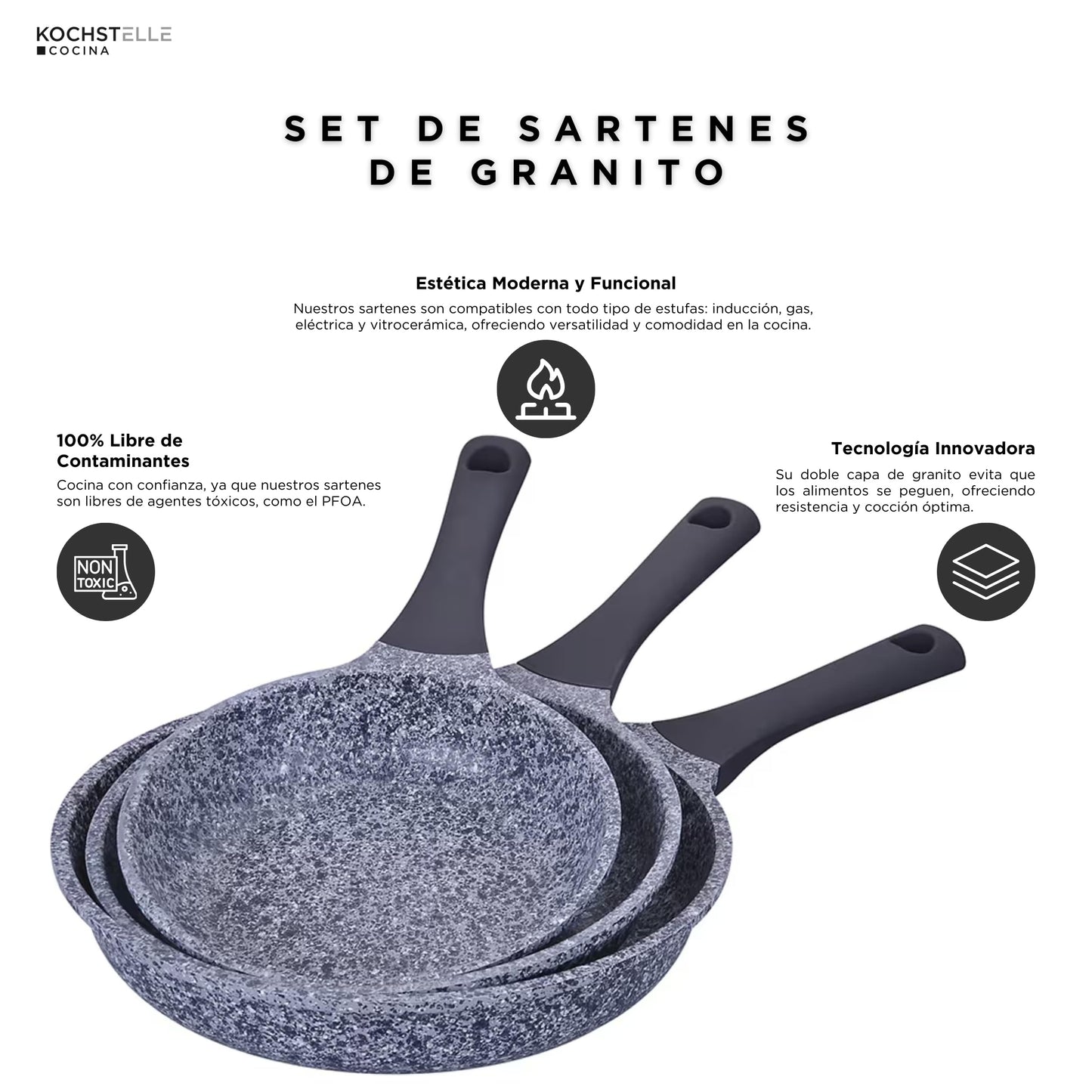 KOCHSTELLE - Set de 3 Sartenes Antiadherentes Marca Kochstelle, Aluminio Inoxidable con Revestimiento de Granito, 20, 24 y 28 cm - Sin Tóxicos, Mango de Silicona, Compatible con Inducción y Gas.