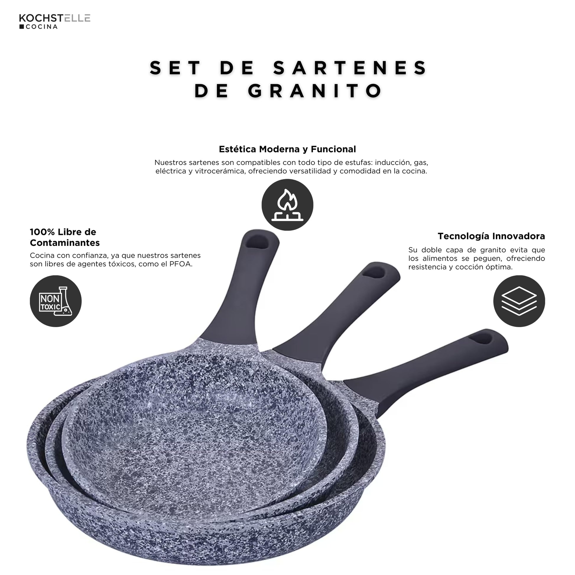KOCHSTELLE - Set de 3 Sartenes Antiadherentes Marca Kochstelle, Aluminio Inoxidable con Revestimiento de Granito, 20, 24 y 28 cm - Sin Tóxicos, Mango de Silicona, Compatible con Inducción y Gas.
