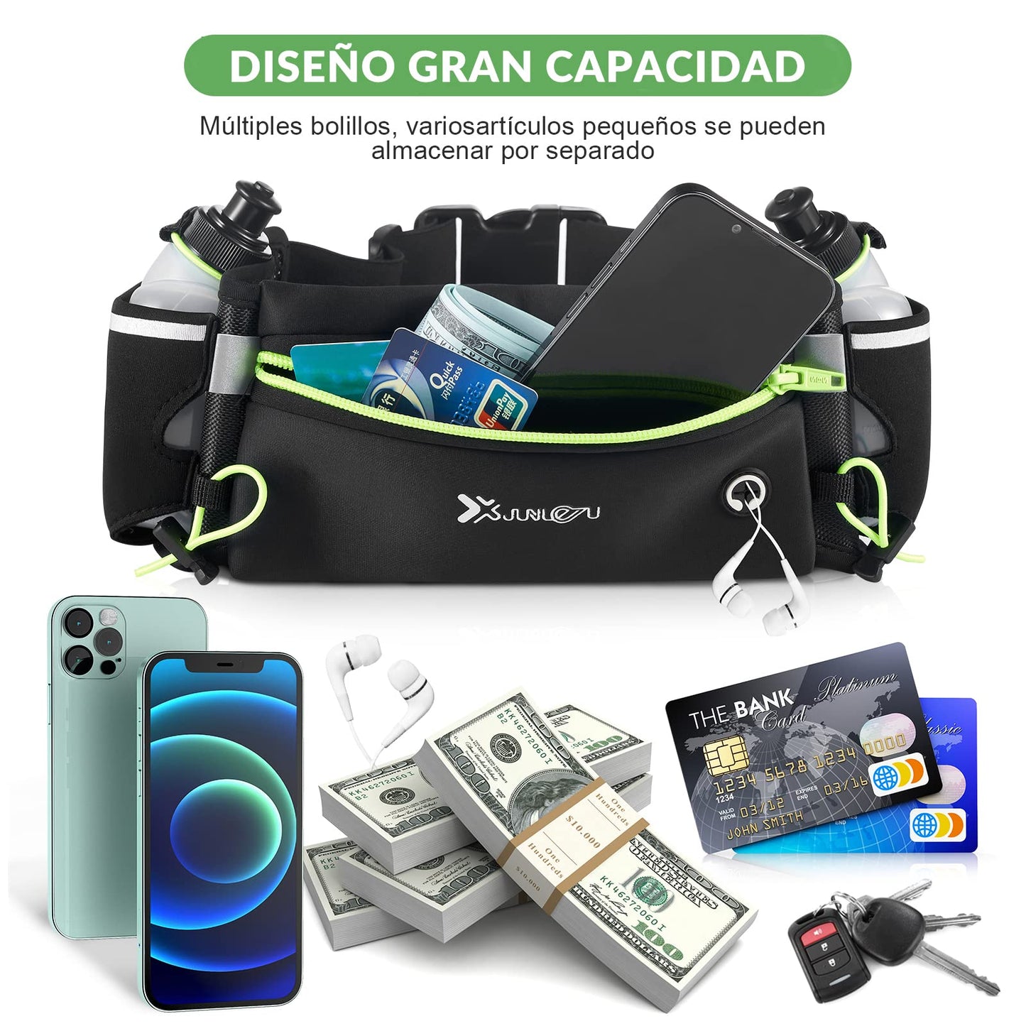 Cangurera Deportiva, LonEasy Cangureras para Correr con 2 Botellas de Agua, Riñonera impermeable reflectante con Cinturón Regulable, Ideal para Caminar, Ciclismo, Correr, Deportes al Aire Libre