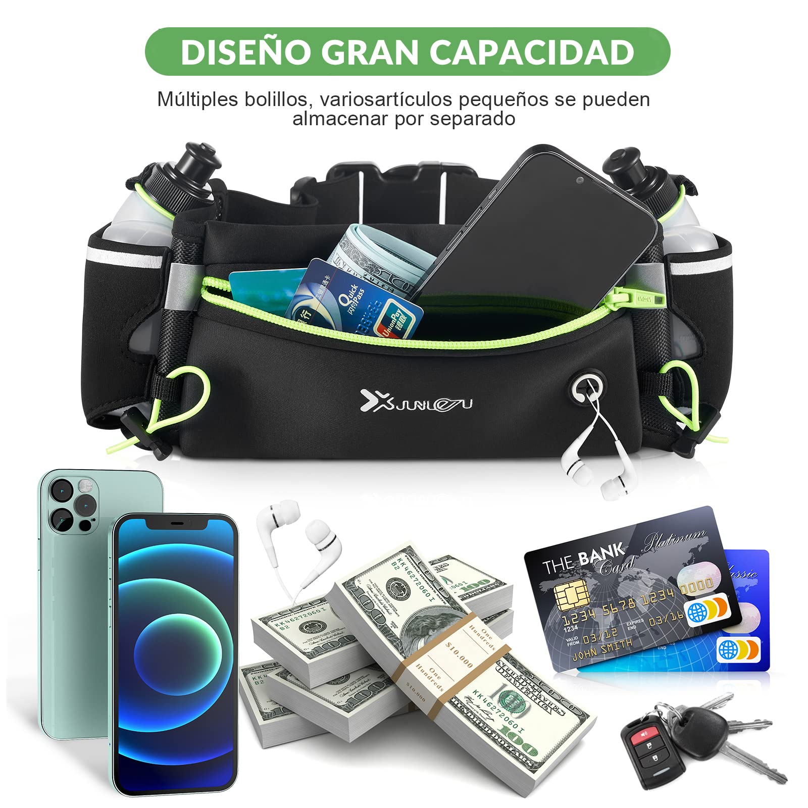 Cangurera Deportiva, LonEasy Cangureras para Correr con 2 Botellas de Agua, Riñonera impermeable reflectante con Cinturón Regulable, Ideal para Caminar, Ciclismo, Correr, Deportes al Aire Libre
