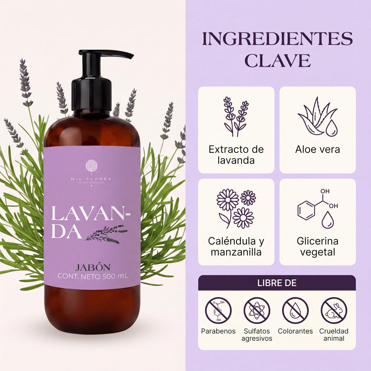 Mil Flores — Jabón Líquido Premium para Manos 500 ml LAVANDA | Ritual de Aromaterapia | Hidrata y Cuida la Piel | Esencias 100% Naturales