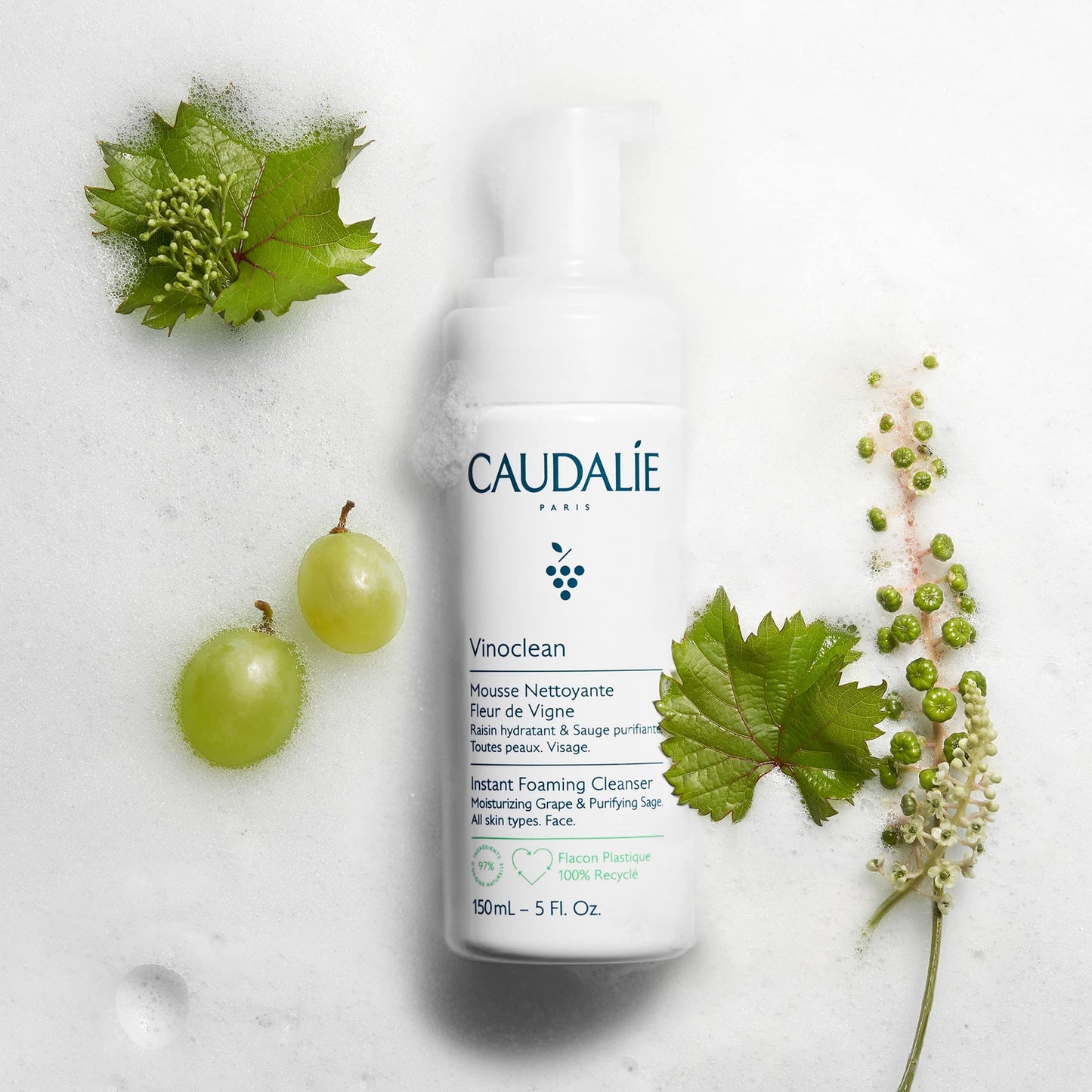 Caudalie Vinoclean Espuma Facial Limpiadora, Limpiador Diario que Limpia, Suaviza y Reduce las Rojeces - 150 mL