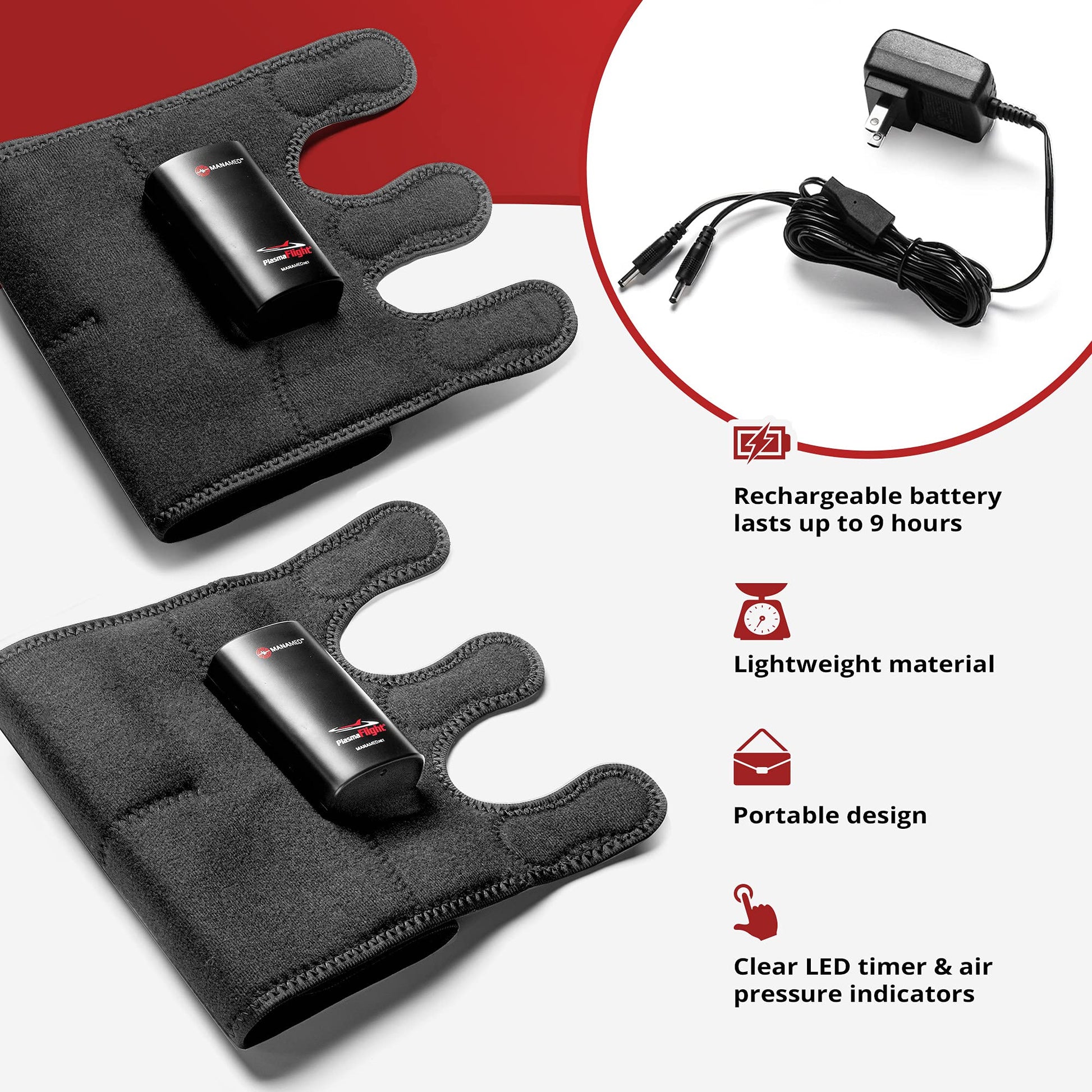 ManaMed PlasmaFlight - Masajeador de músculo y piernas para alivio del dolor y circulación | Amasamiento de aire aprobado para masaje de piernas envoltura de compresión | Máquina profesional portátil SCD para piernas con 2 modos