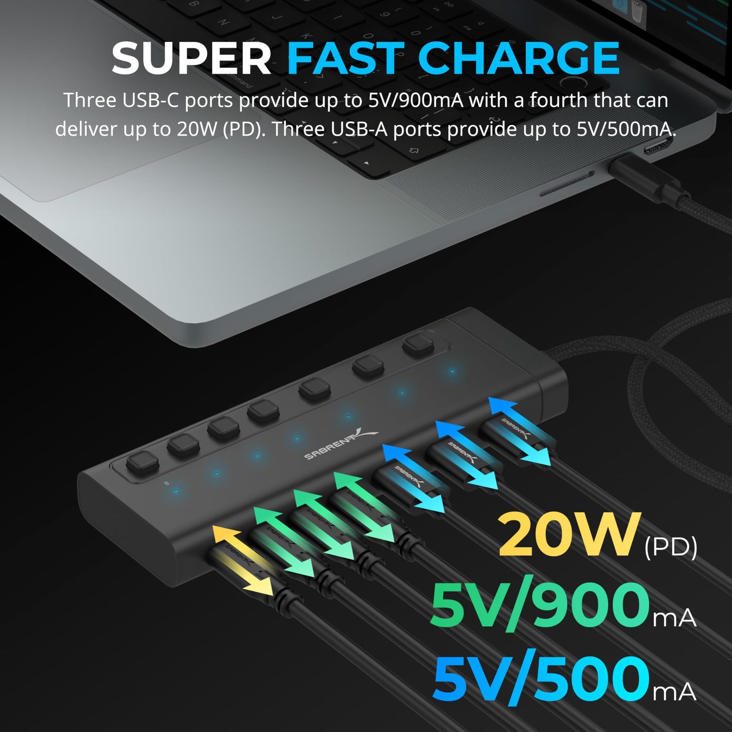 Concentrador USB-C SABRENT Negro de 7 Puertos con Interruptores de Alimentación y Carga Rápida