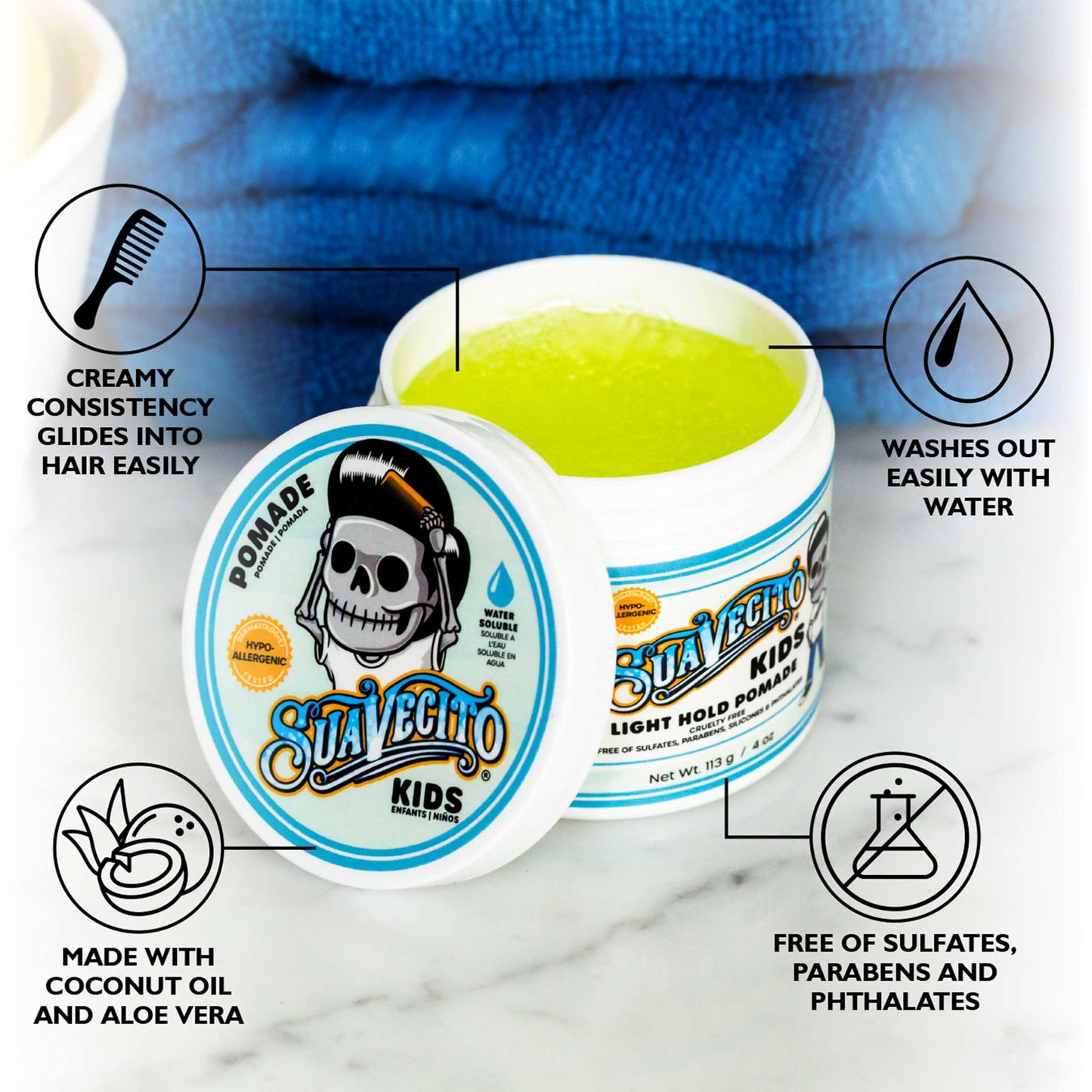 Suavecito Kid'S Pomade Calming Manzanilla Aroma Light Hold 4 Oz. - Gel Para El Cabello Libre De Escamas A Base De Agua - Probado Por Dermatólogos, Fórmula Hipoalergénica - Libre De Sulfatos, Parabenos