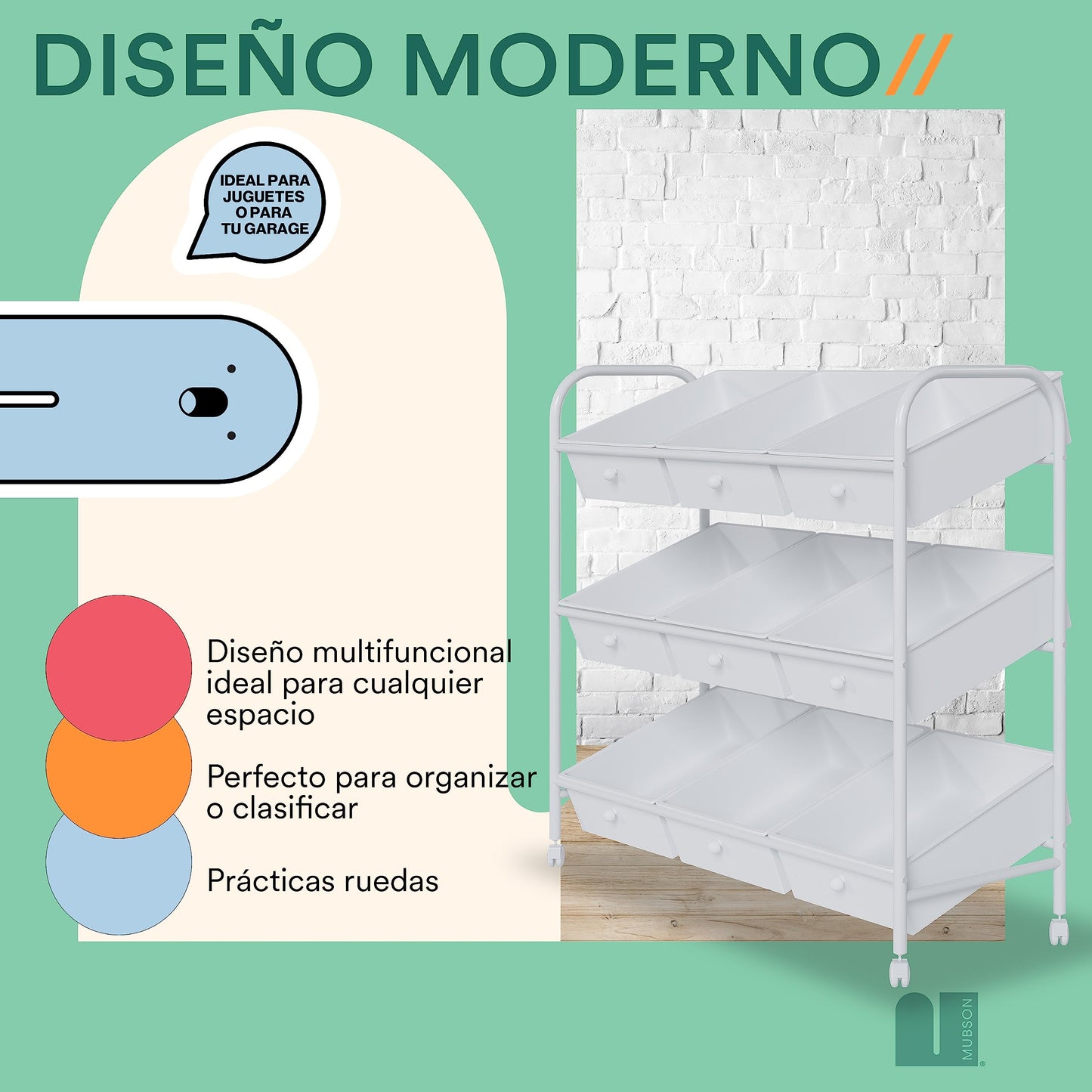 MUBSON Juguetero Organizador Infantil con 9 cajones y Ruedas de Desplazamiento. Organizador Infantil Nove. Baul para Juguetes para el Cuarto de niños. Toy Storage (Blanco)